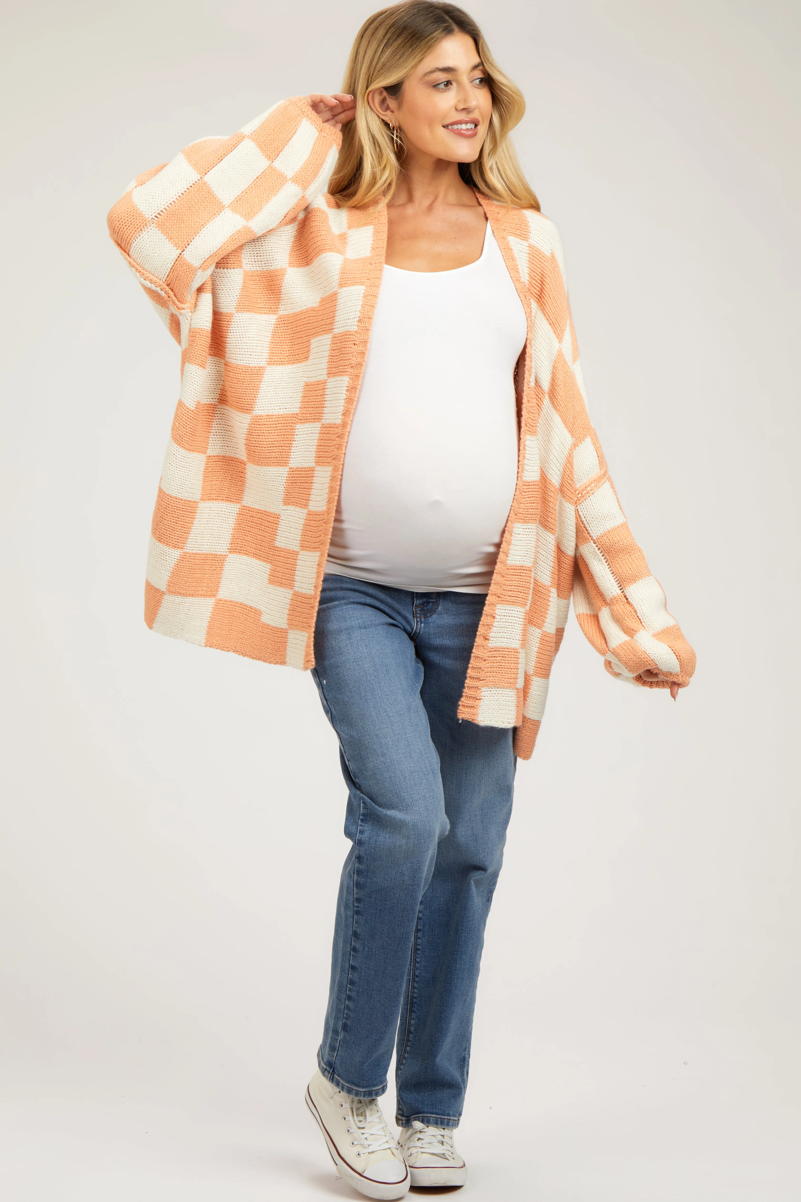 Peach Checkered Oversized Maternity Cardigan sold by Pinkblush product image thumbnail 4