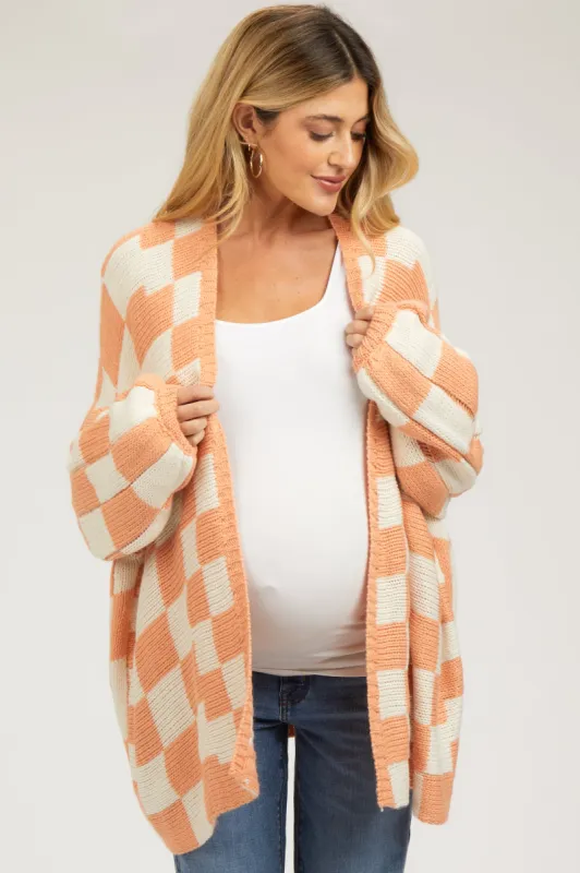 Peach Checkered Oversized Maternity Cardigan sold by Pinkblush