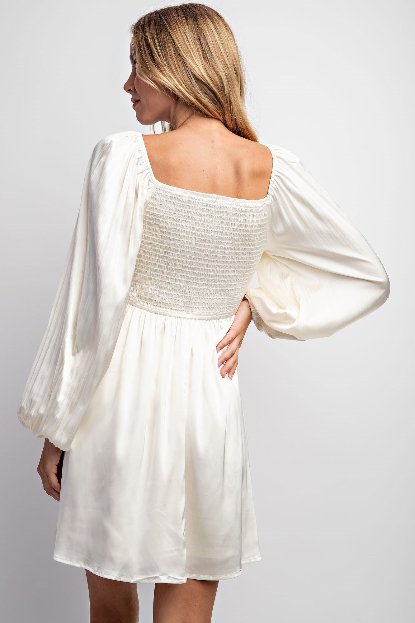 Cream Pleated Bubble Sleeve Satin Mini Dress sold by Pinkblush product image thumbnail 3