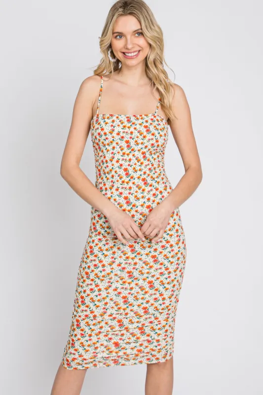 Ivory Floral Ribbed Fitted Dress sold by Pinkblush