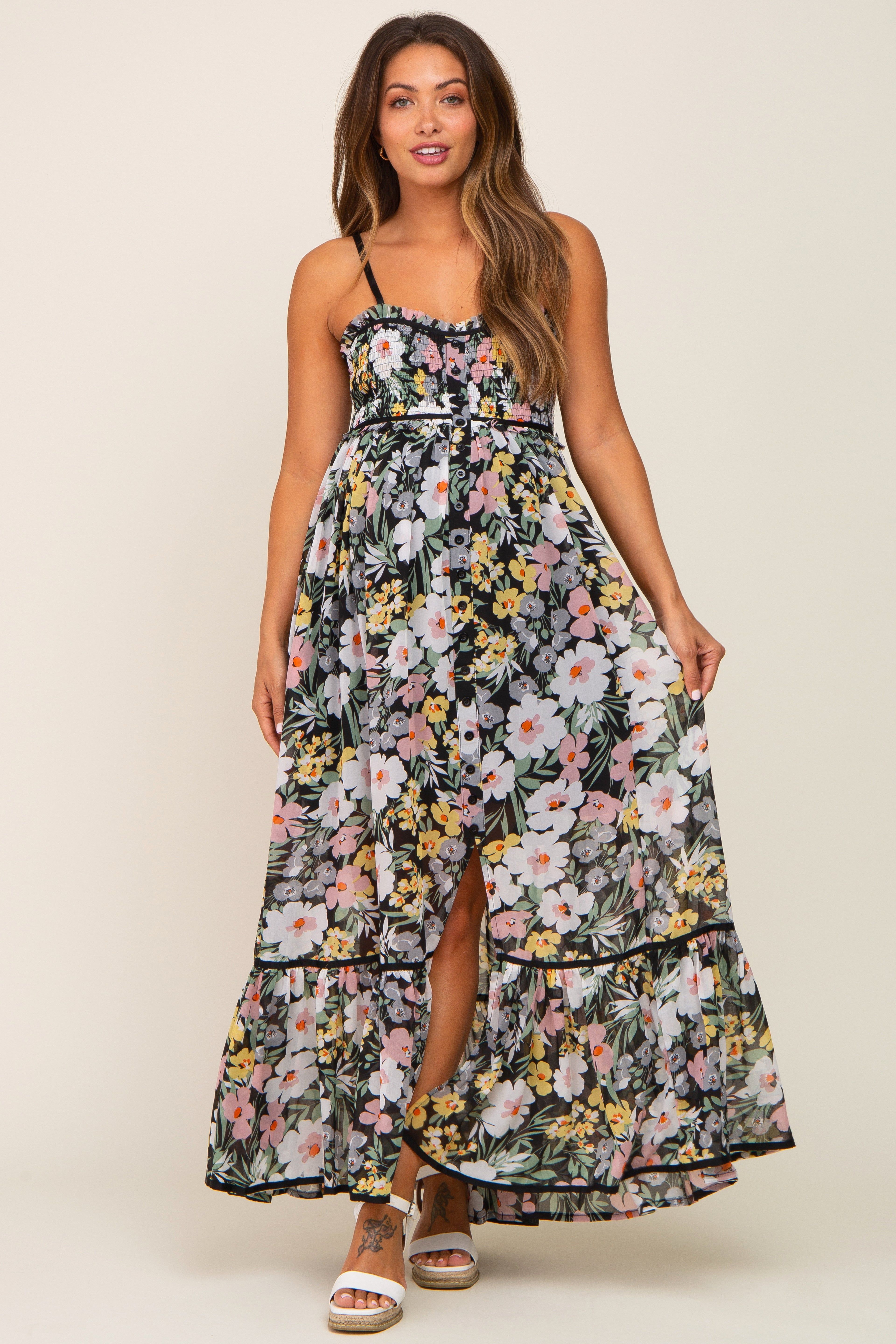 Black Floral Sleeveless Button Down Maternity Maxi Dress sold by Pinkblush