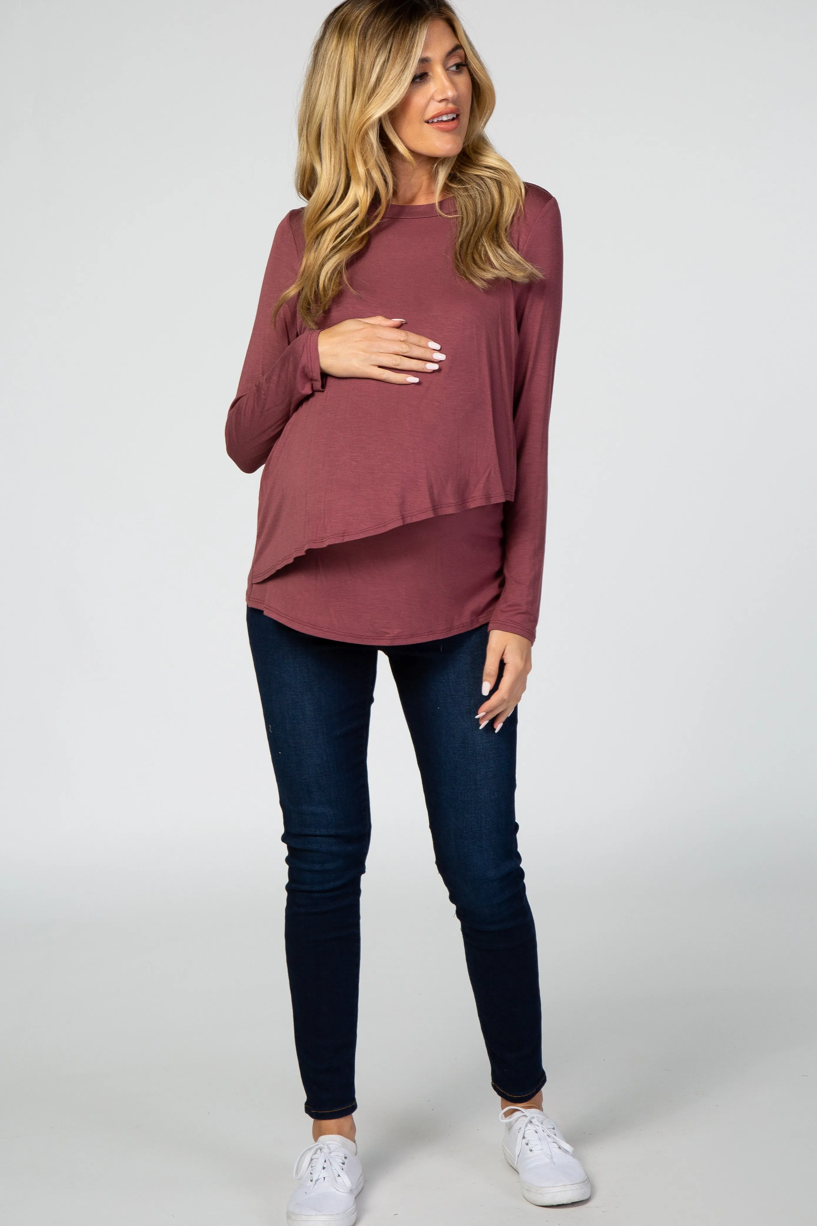 PinkBlush Mauve Solid Layered Front Long Sleeve Maternity/Nursing Top sold by Pinkblush product image thumbnail 5