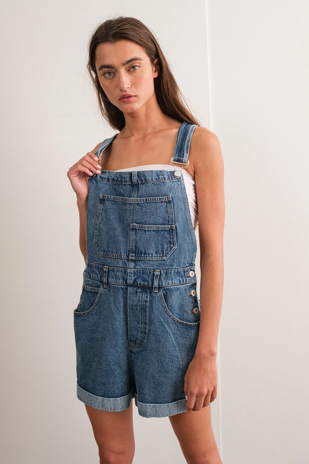 Blue Rolled Hem Short Overalls sold by Pinkblush