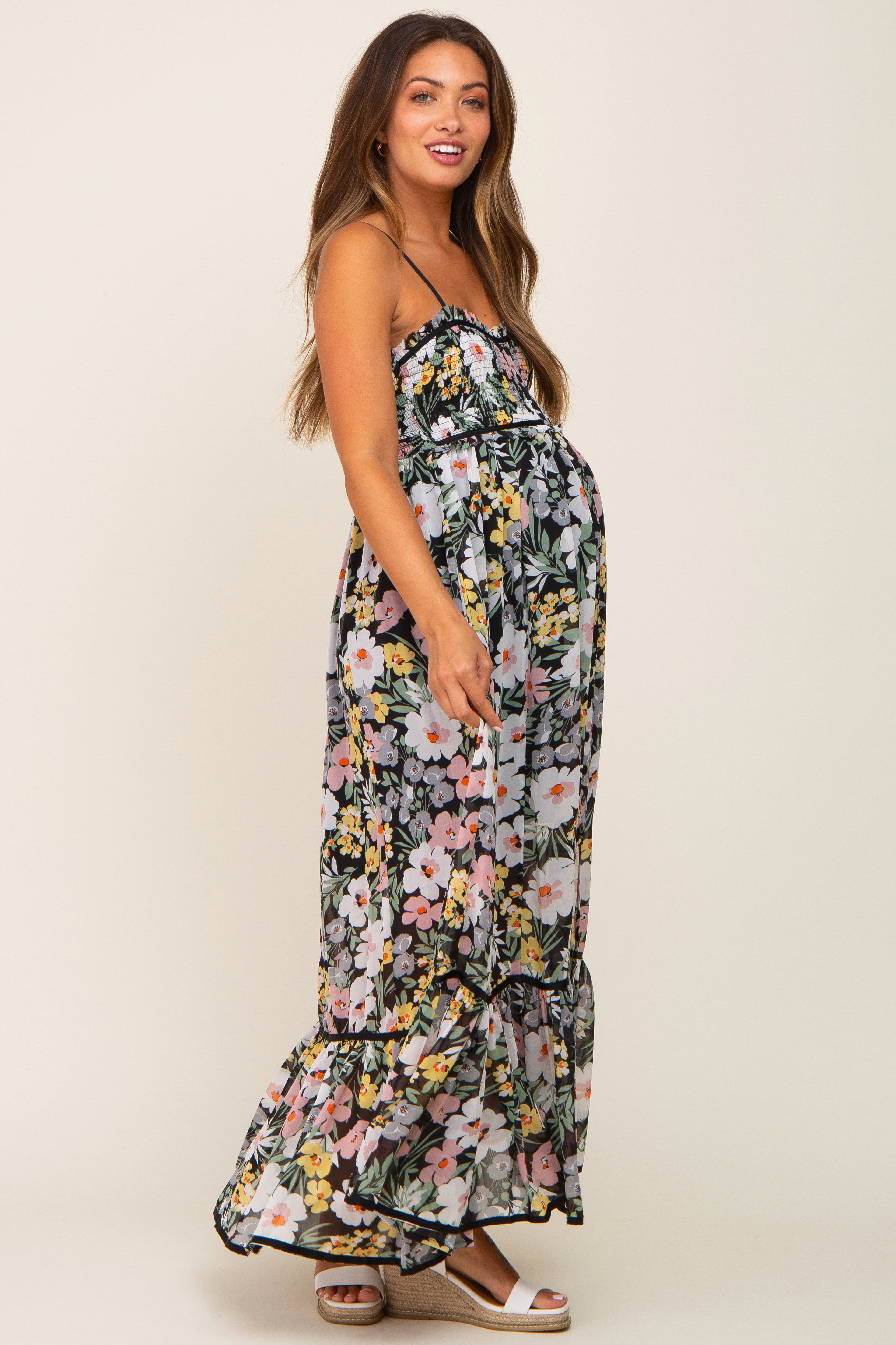 Black Floral Sleeveless Button Down Maternity Maxi Dress sold by Pinkblush product image thumbnail 2