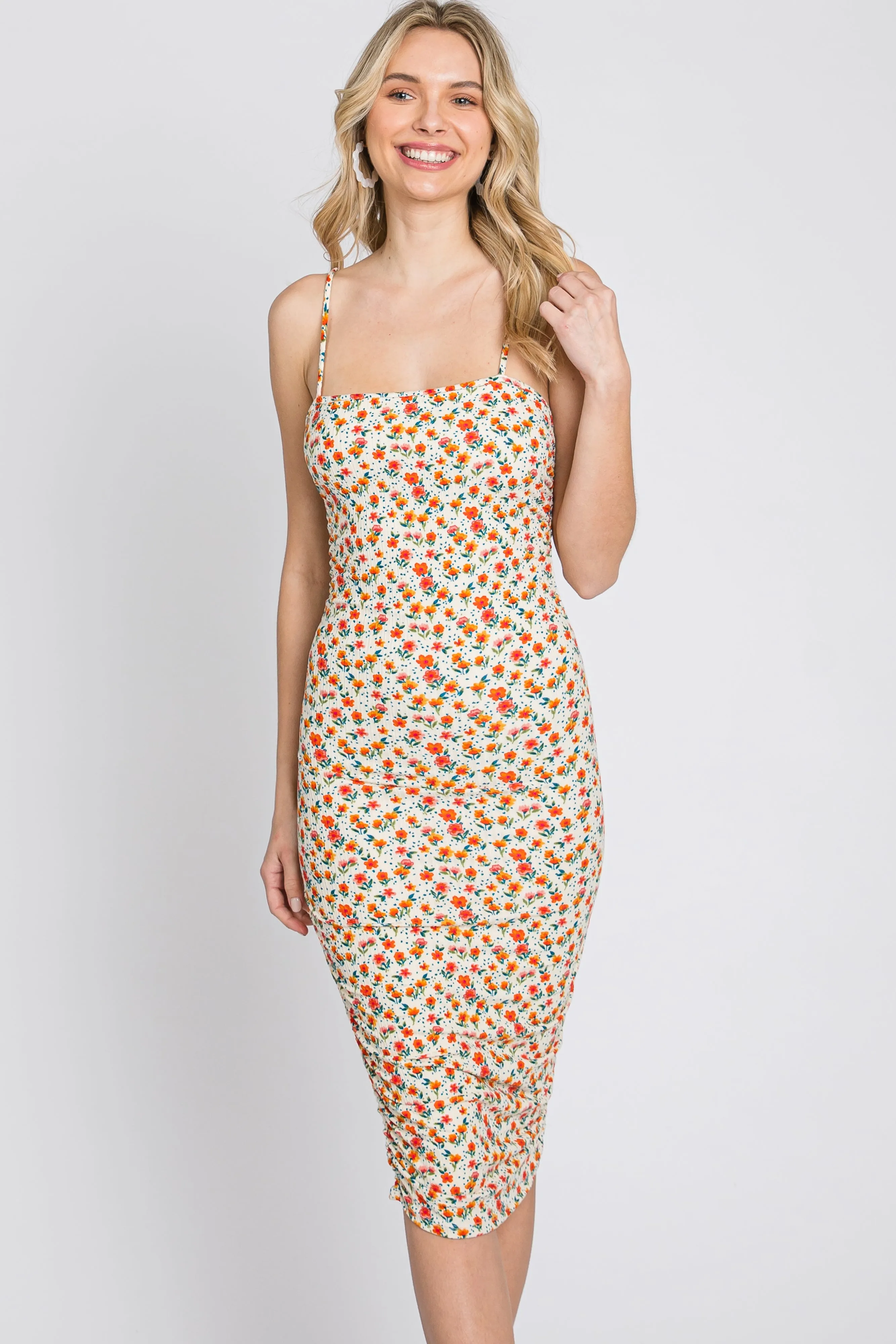 Ivory Floral Ribbed Fitted Dress sold by Pinkblush product image thumbnail 3