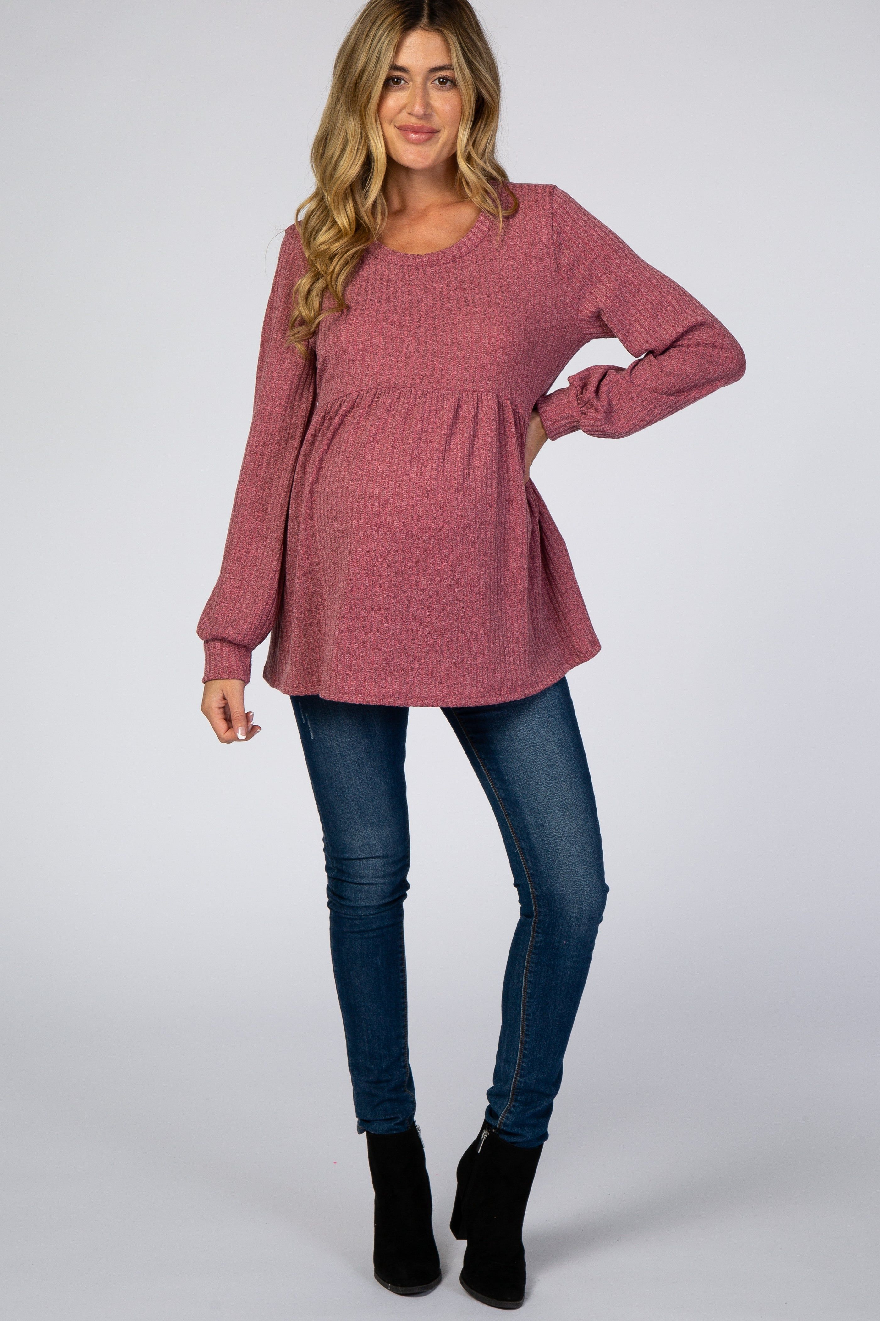 Mauve Textured Knit Babydoll Long Sleeve Maternity Top sold by Pinkblush product image thumbnail 4