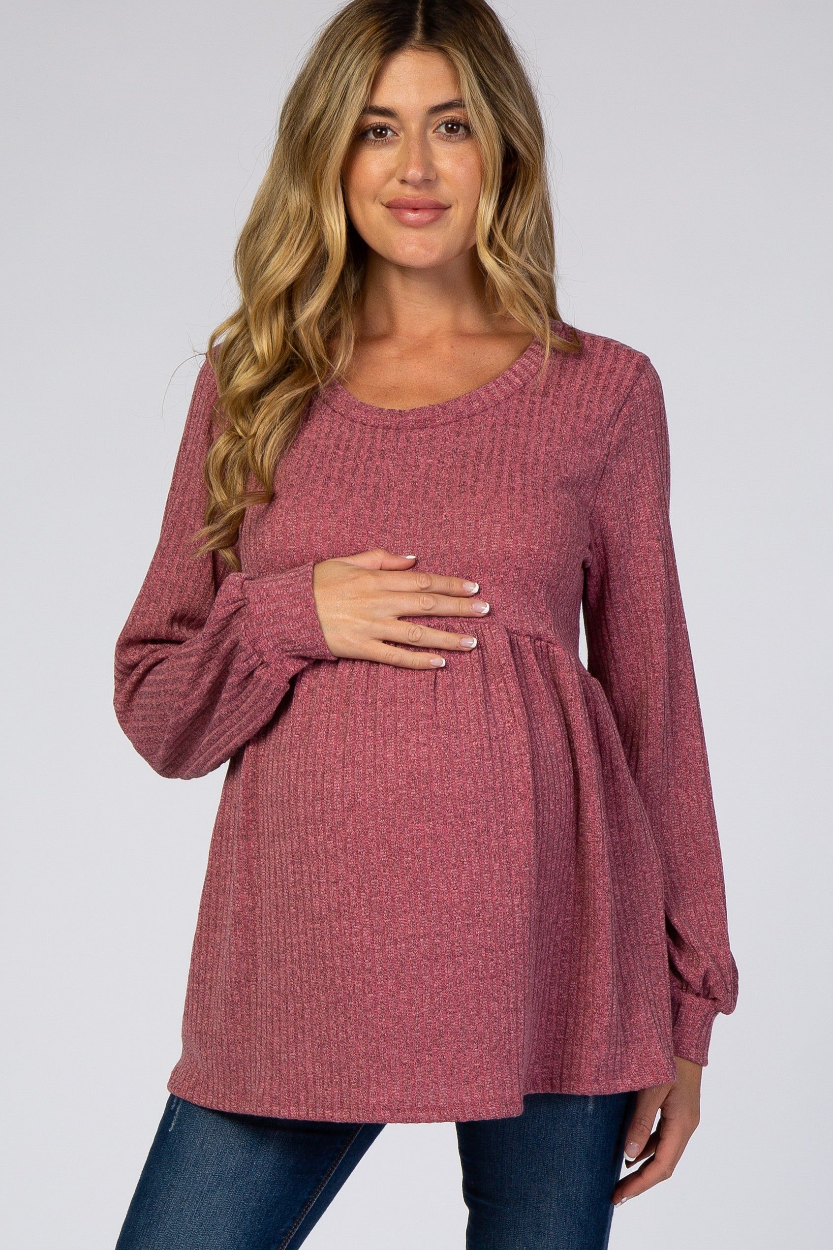 Mauve Textured Knit Babydoll Long Sleeve Maternity Top sold by Pinkblush