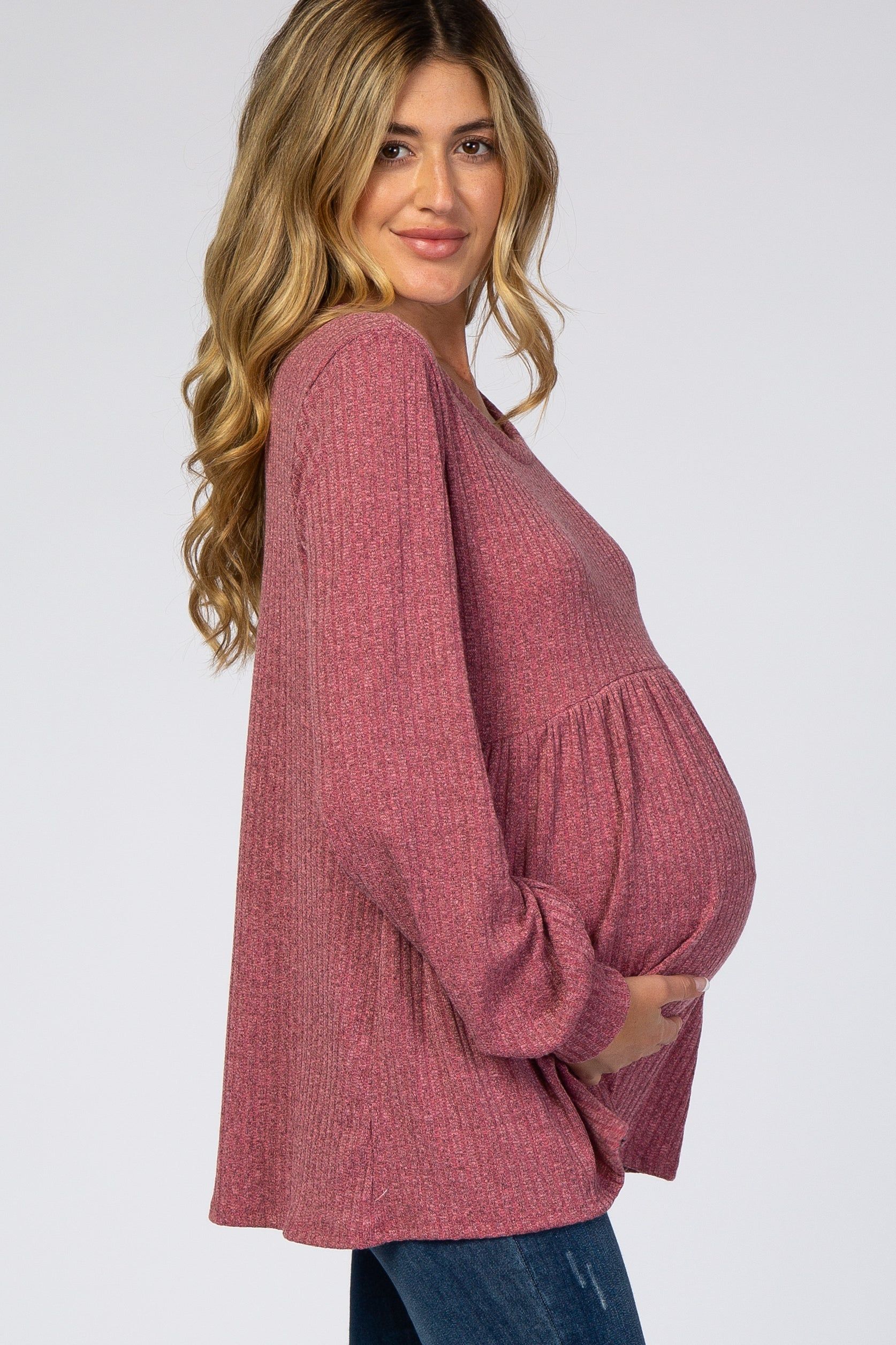 Mauve Textured Knit Babydoll Long Sleeve Maternity Top sold by Pinkblush product image thumbnail 2