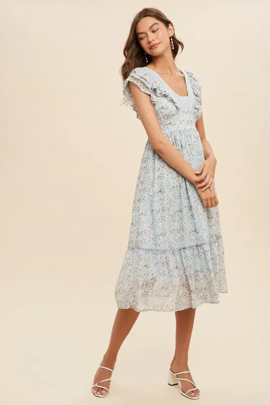 Sky Blue Floral Floral Lace Accent V Neck Midi sold by Pinkblush