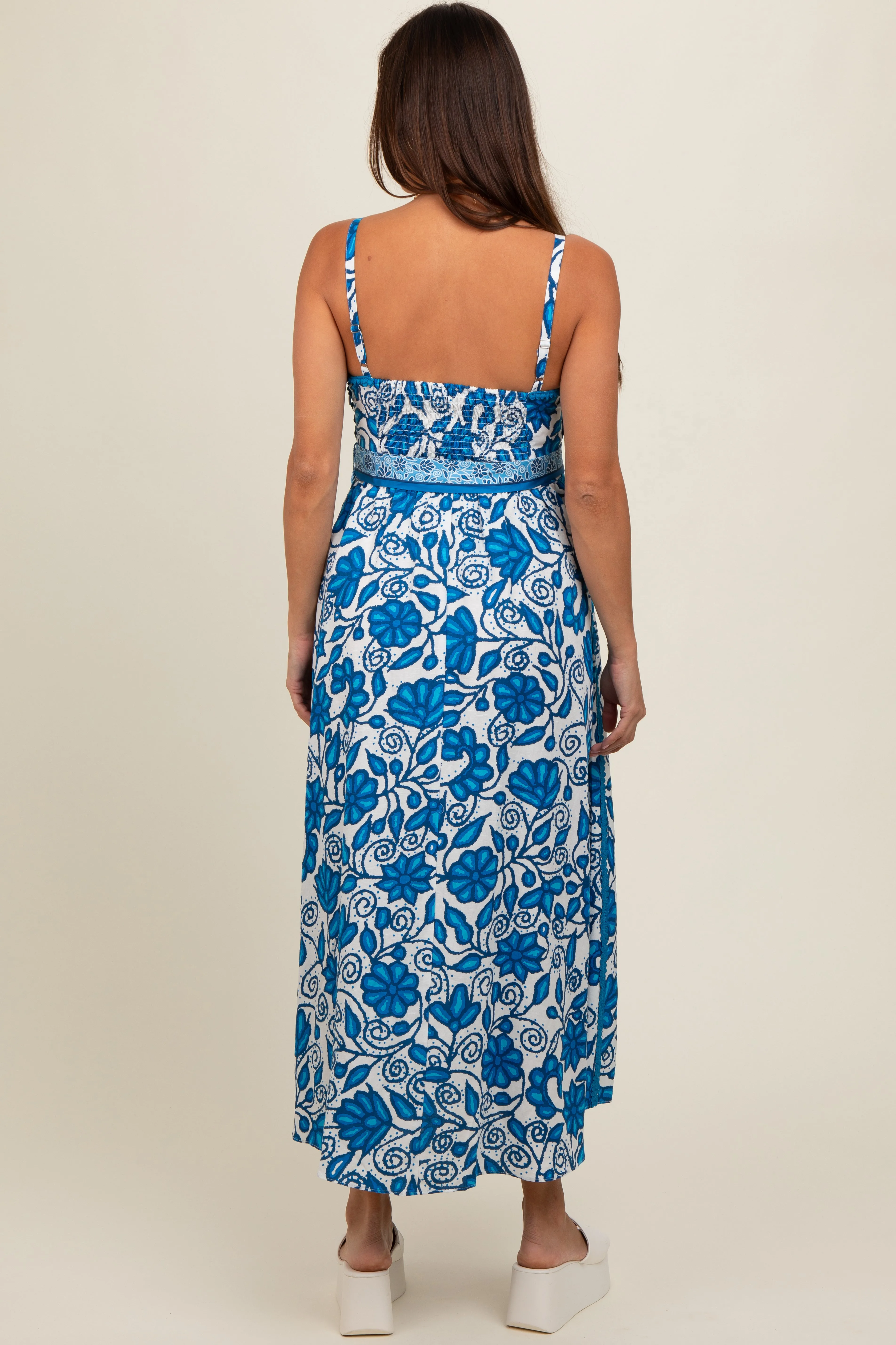 Blue Floral Crochet Accent Waist Tie Maternity Dress sold by Pinkblush product image thumbnail 2