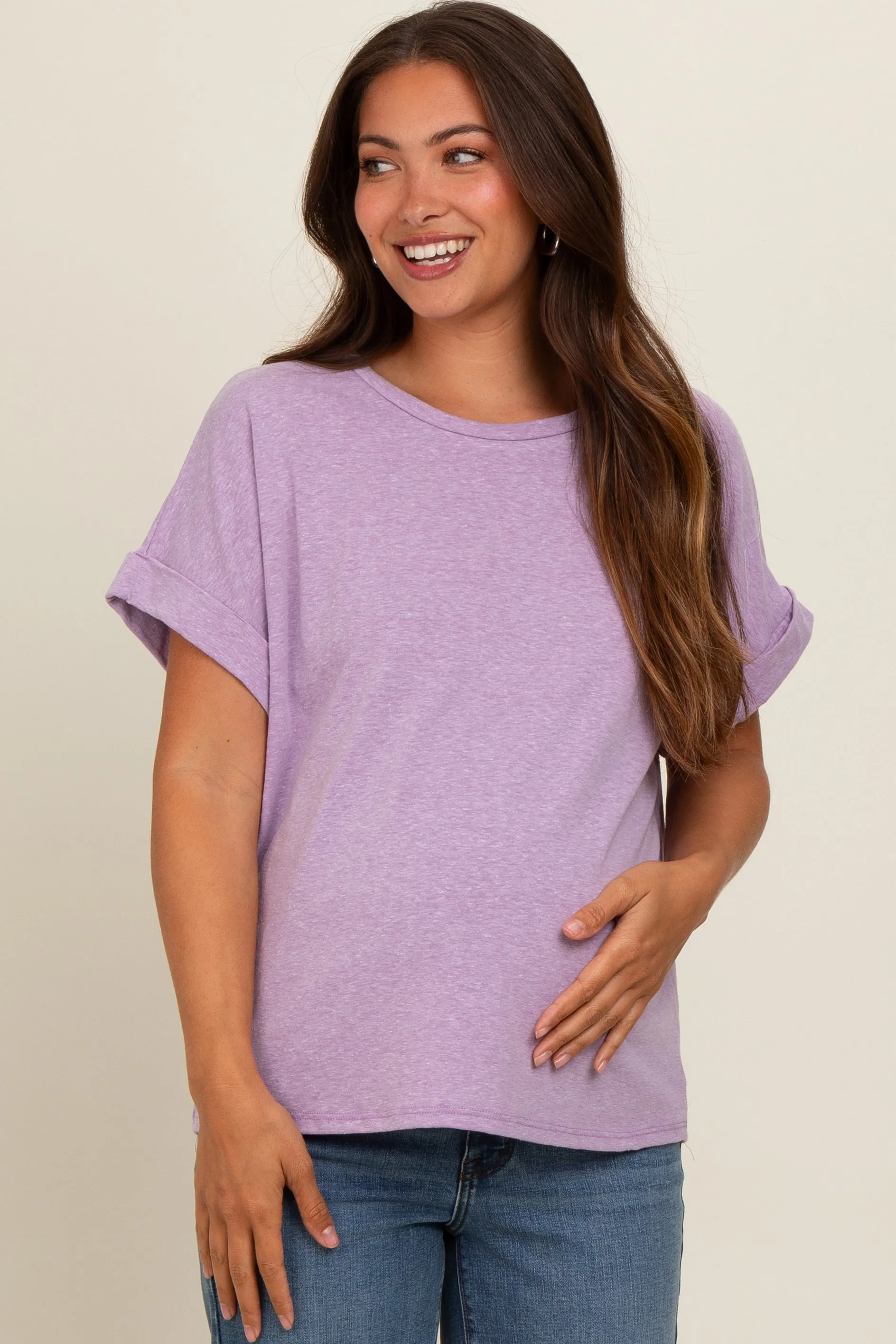 Lavender Cuff Short Sleeve Maternity Top sold by Pinkblush