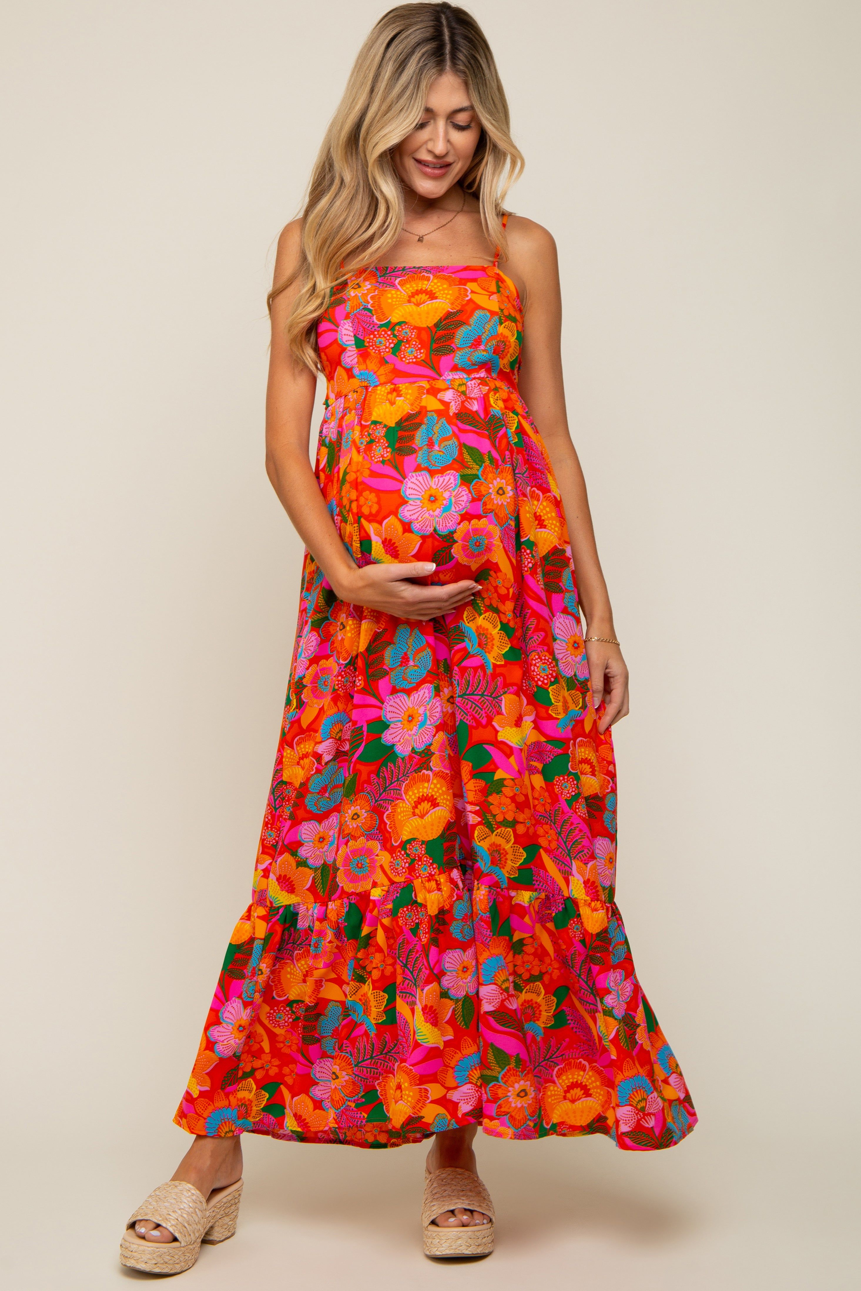 Orange Floral Back Tie Maternity Maxi Dress sold by Pinkblush product image thumbnail 5