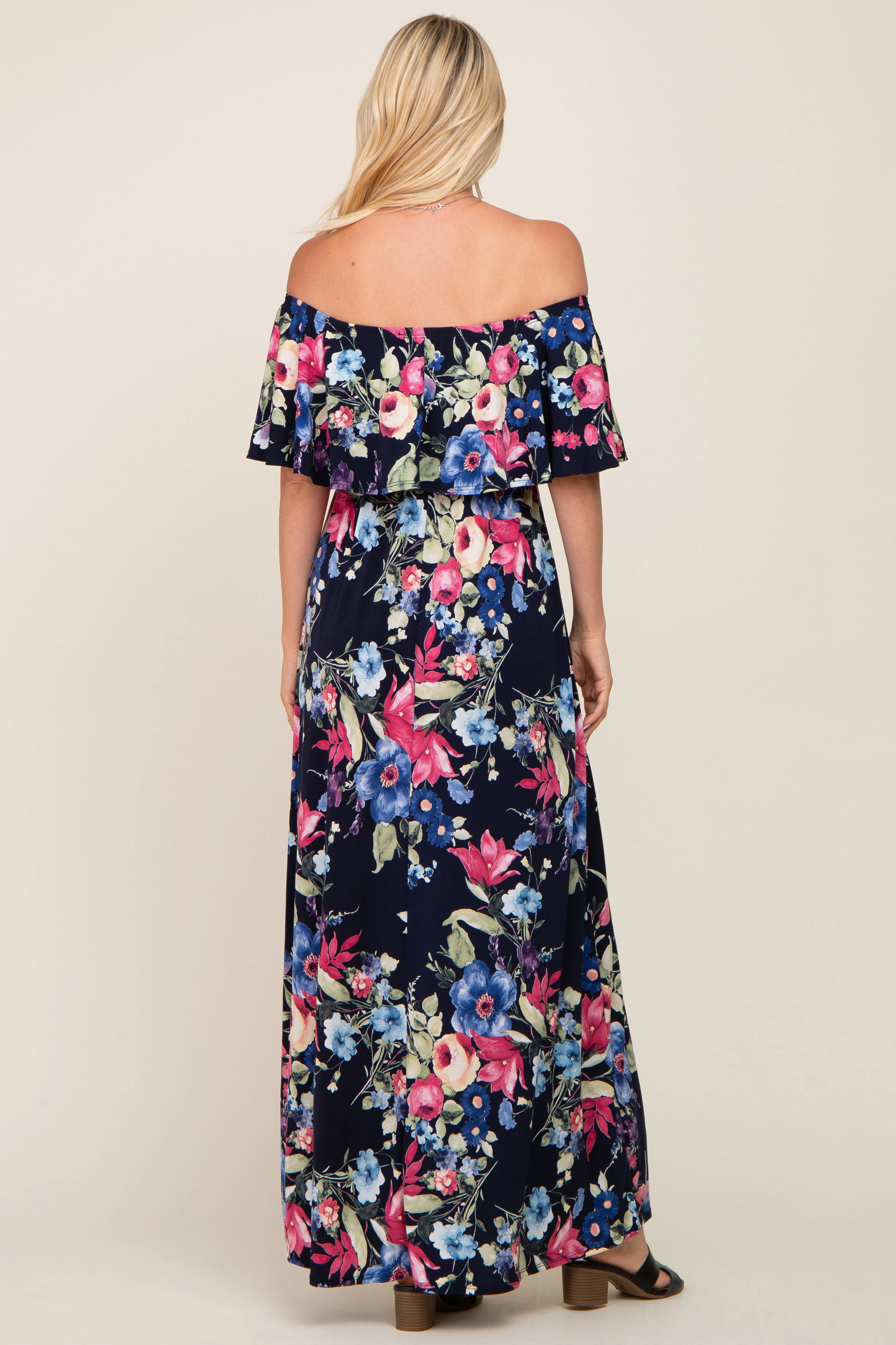Navy Floral Off Shoulder Flounce Maxi Dress sold by Pinkblush product image thumbnail 3