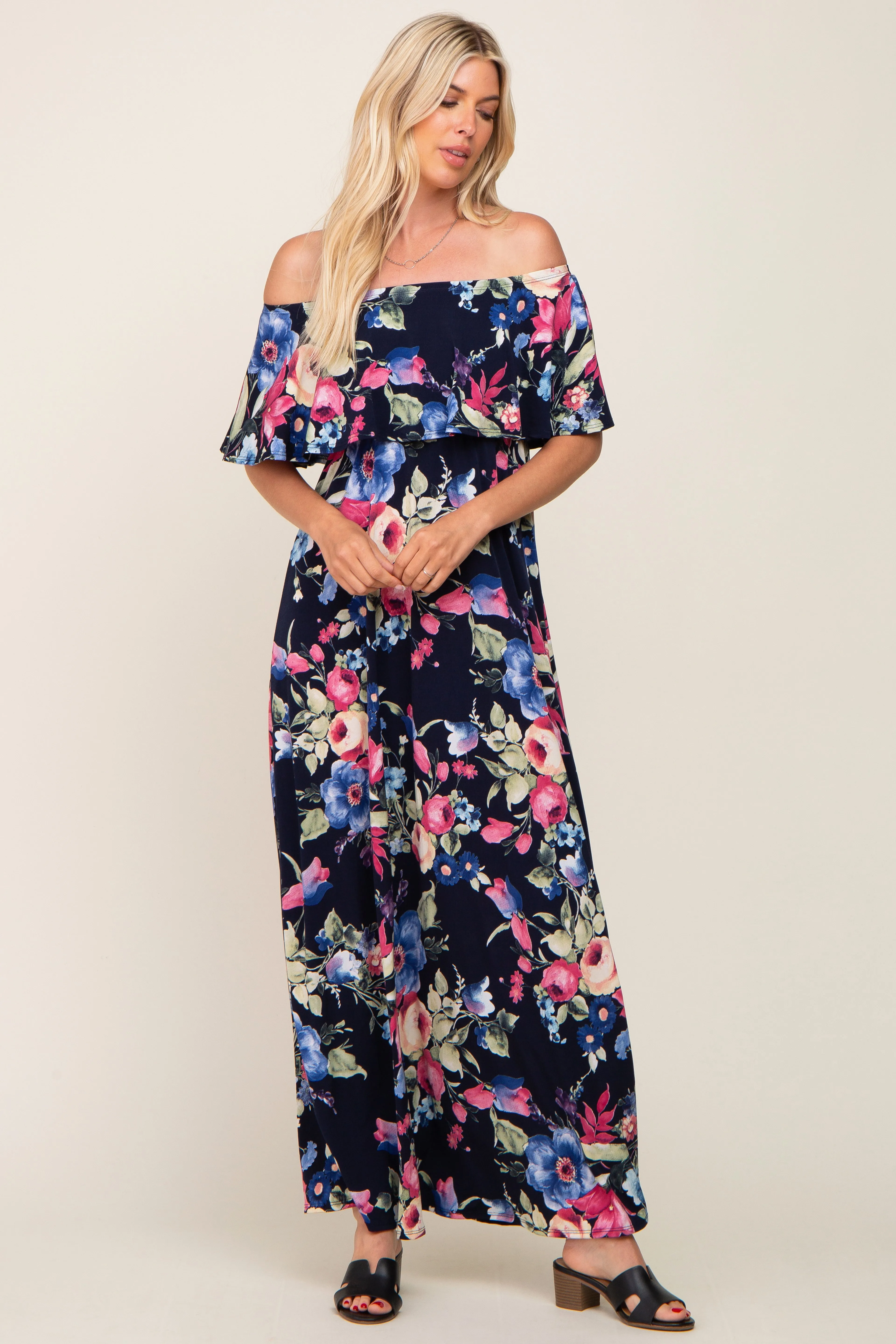 Navy Floral Off Shoulder Flounce Maxi Dress sold by Pinkblush product image thumbnail 4