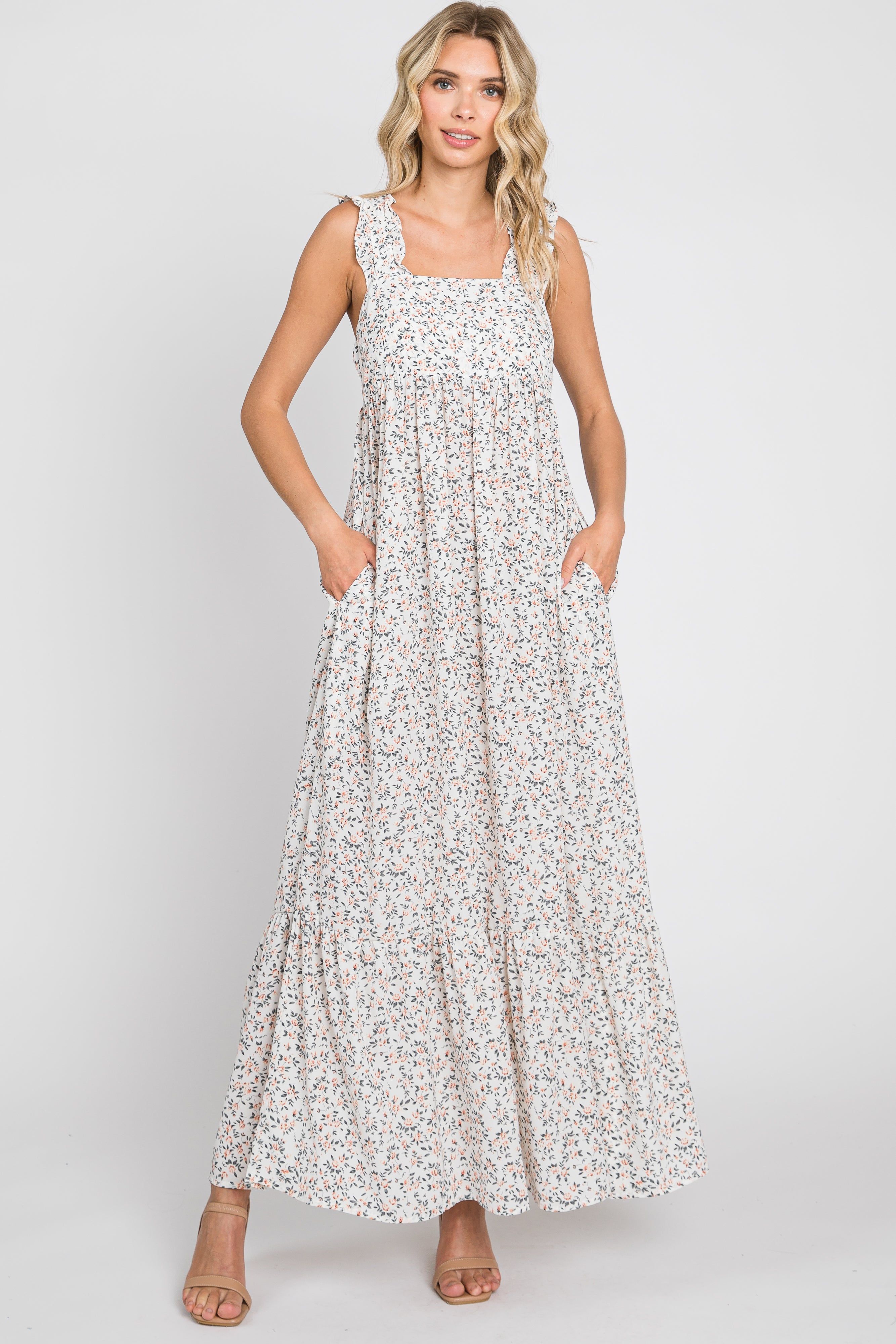 Cream Floral Ruffle Trim Maxi Dress sold by Pinkblush
