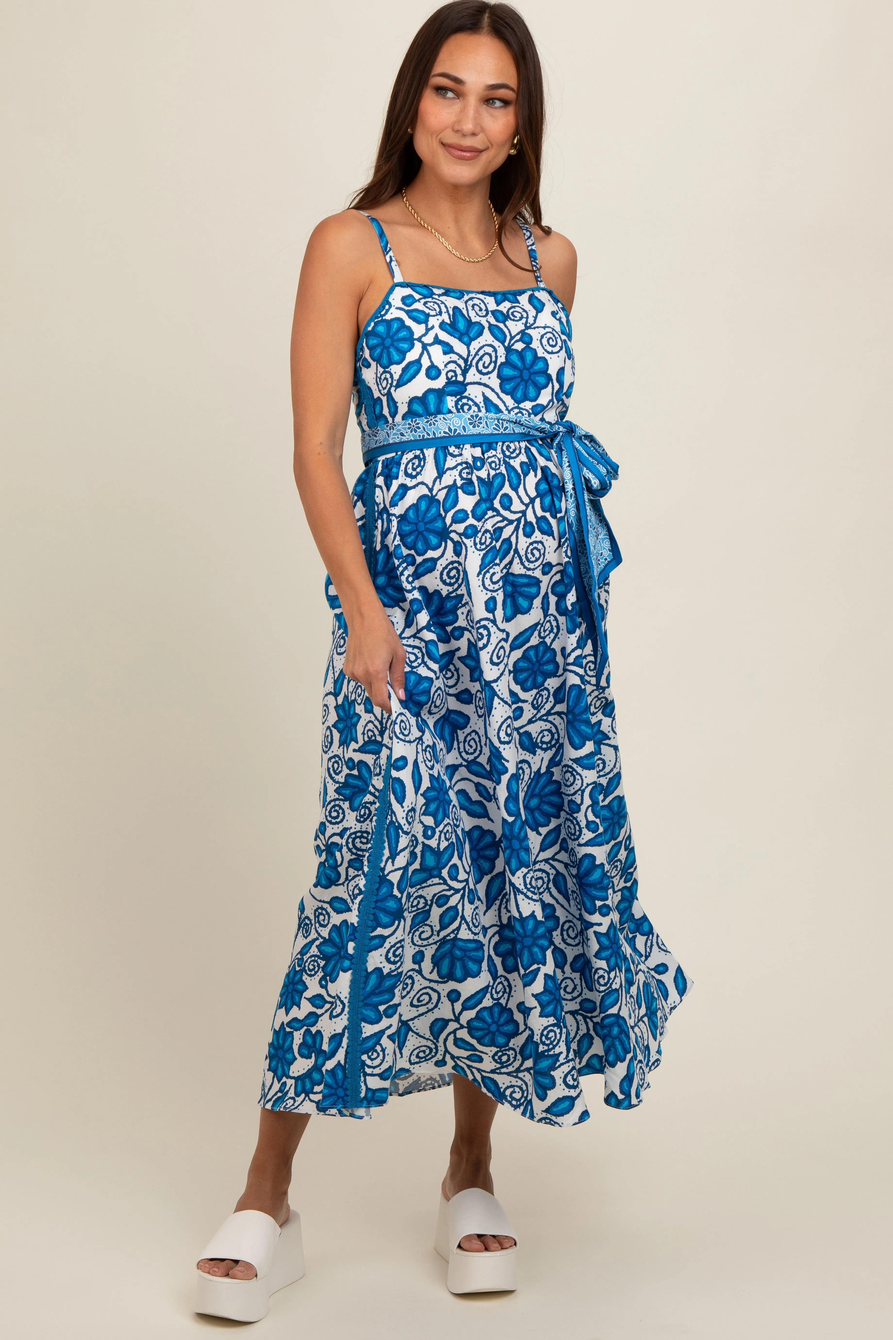 Blue Floral Crochet Accent Waist Tie Maternity Dress sold by Pinkblush
