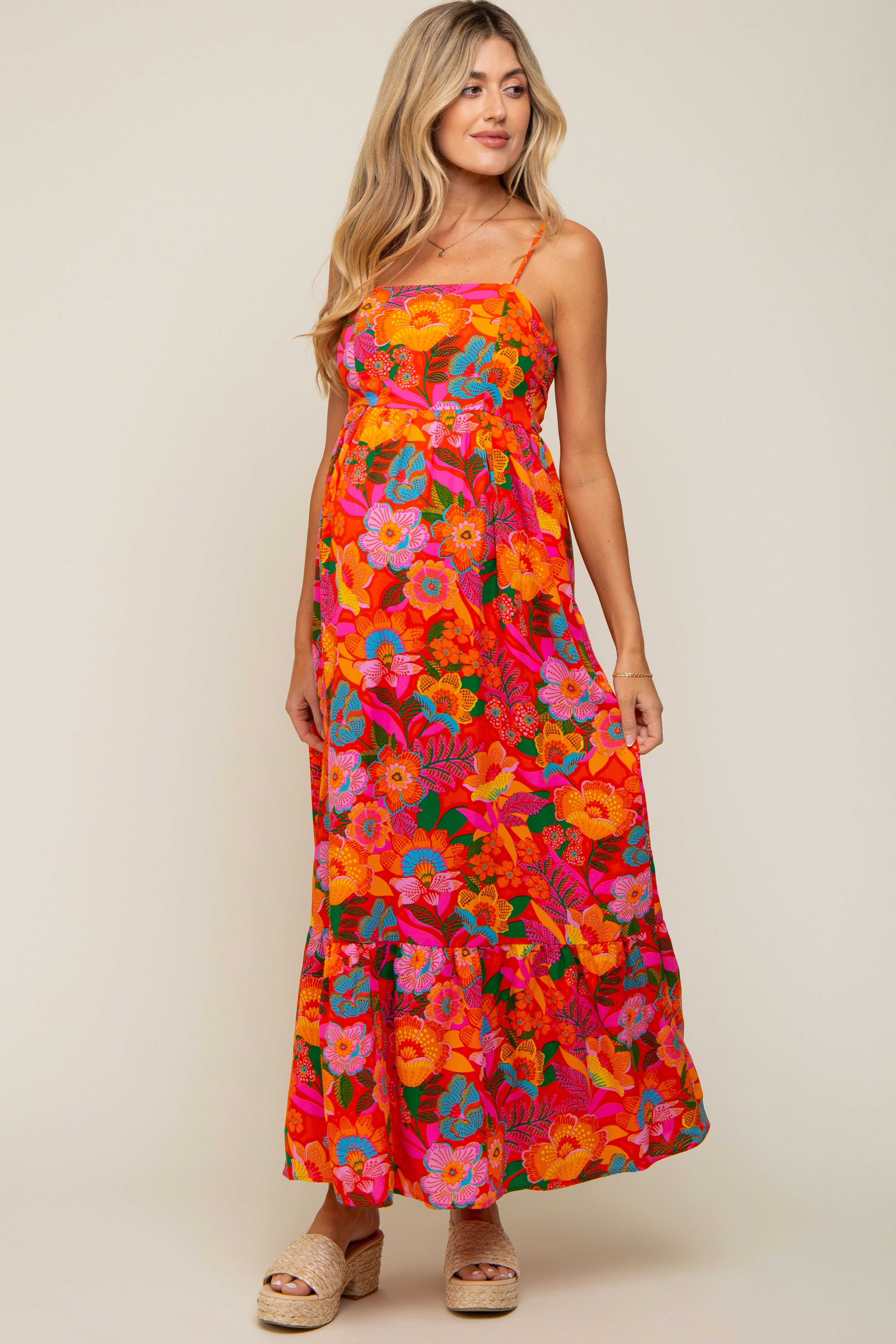 Orange Floral Back Tie Maternity Maxi Dress sold by Pinkblush