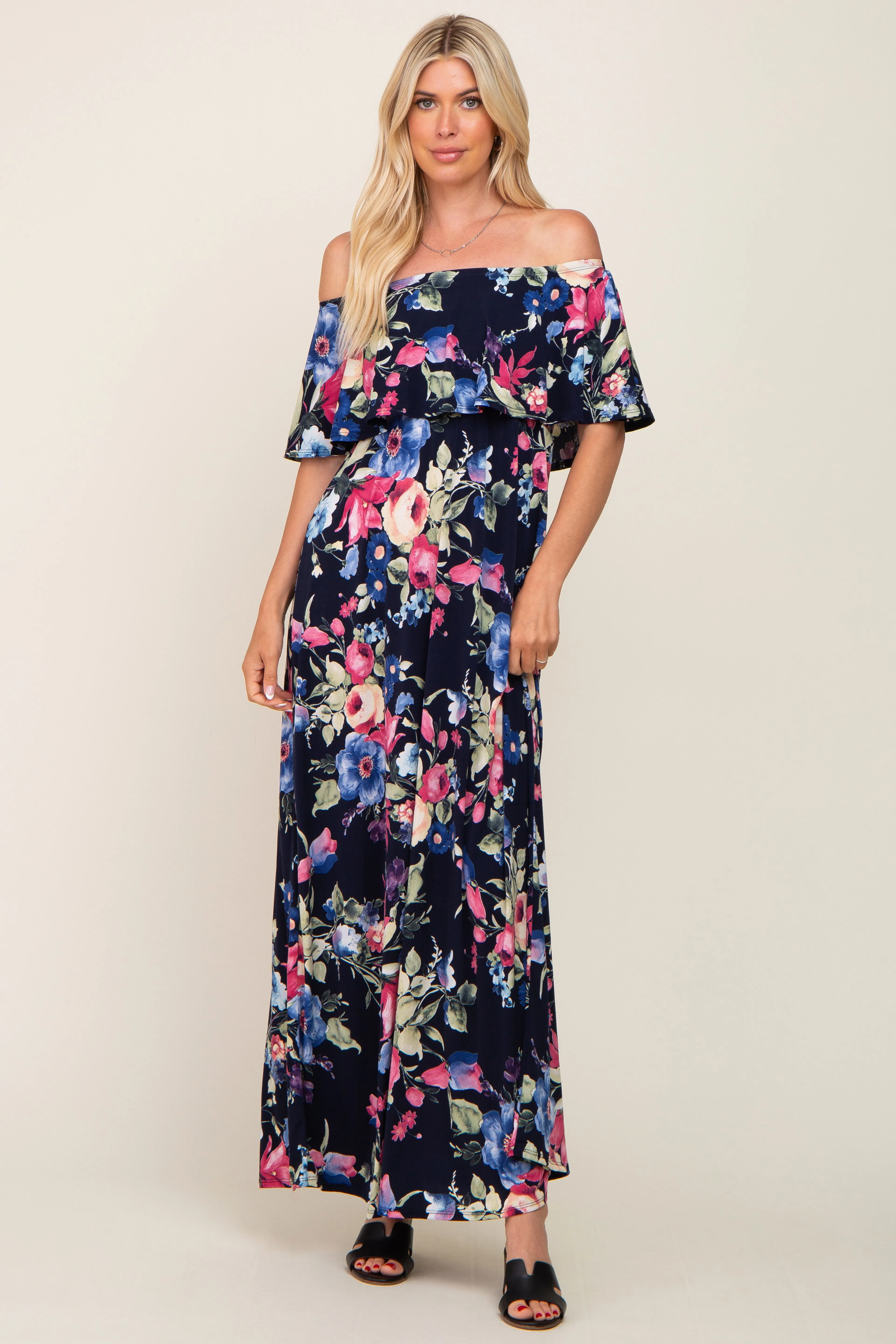 Navy Floral Off Shoulder Flounce Maxi Dress sold by Pinkblush product image thumbnail 5