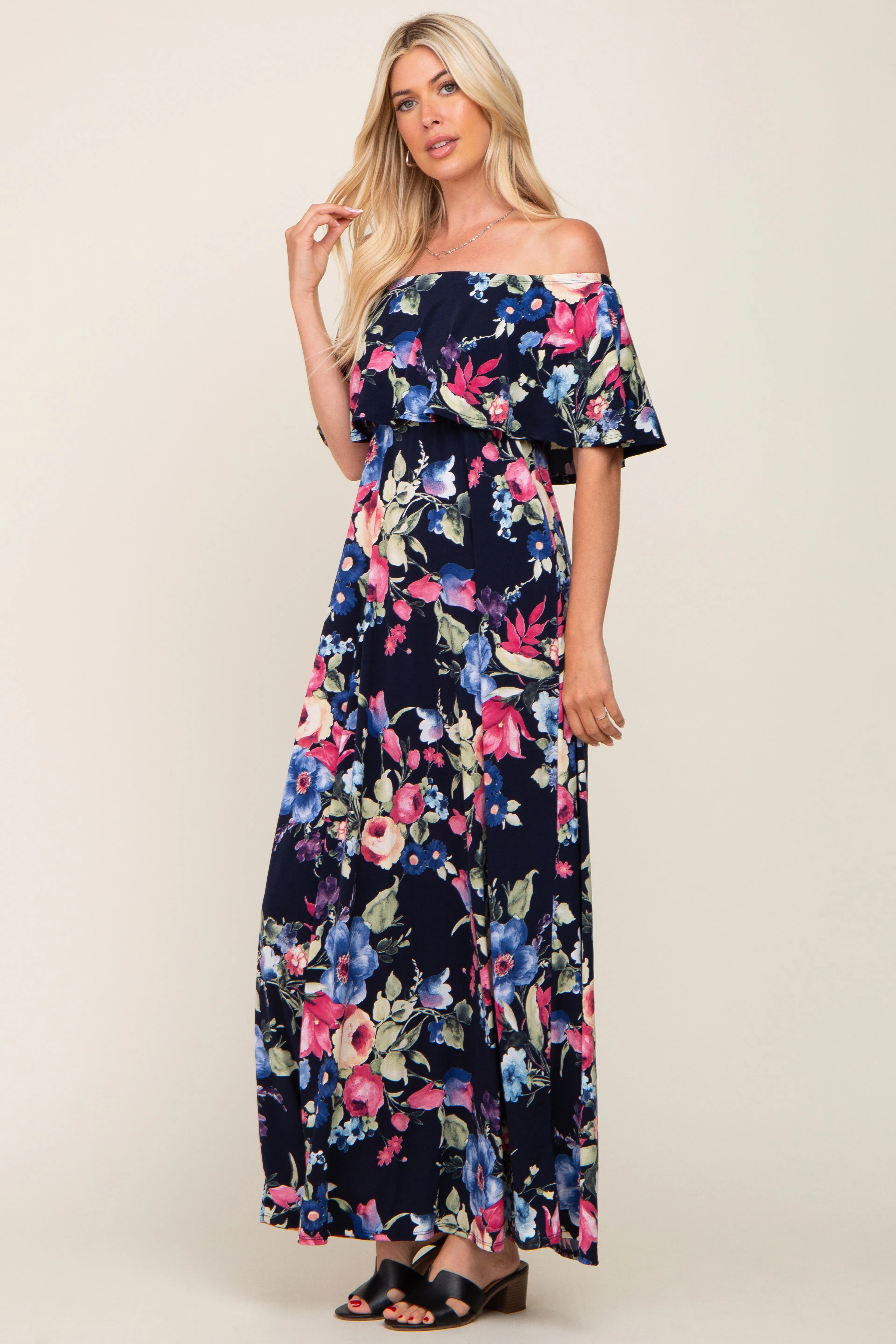 Navy Floral Off Shoulder Flounce Maxi Dress sold by Pinkblush product image thumbnail 2