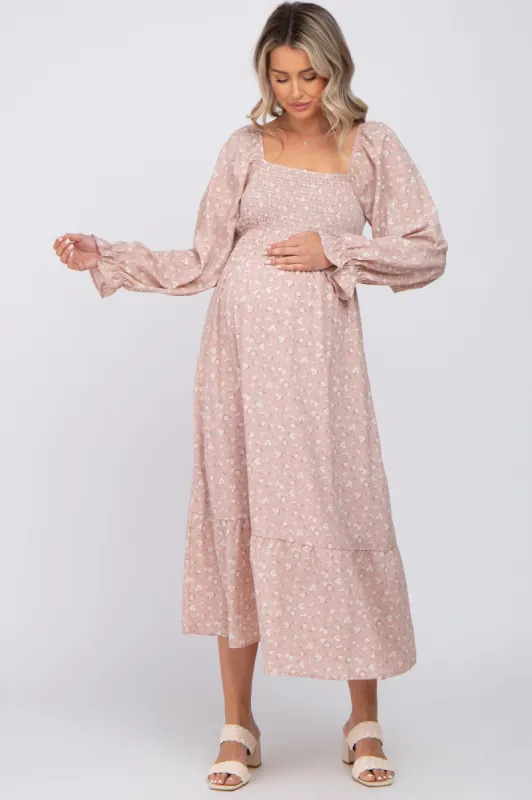 Light Pink Floral Square Neck Maternity Midi Dress sold by Pinkblush