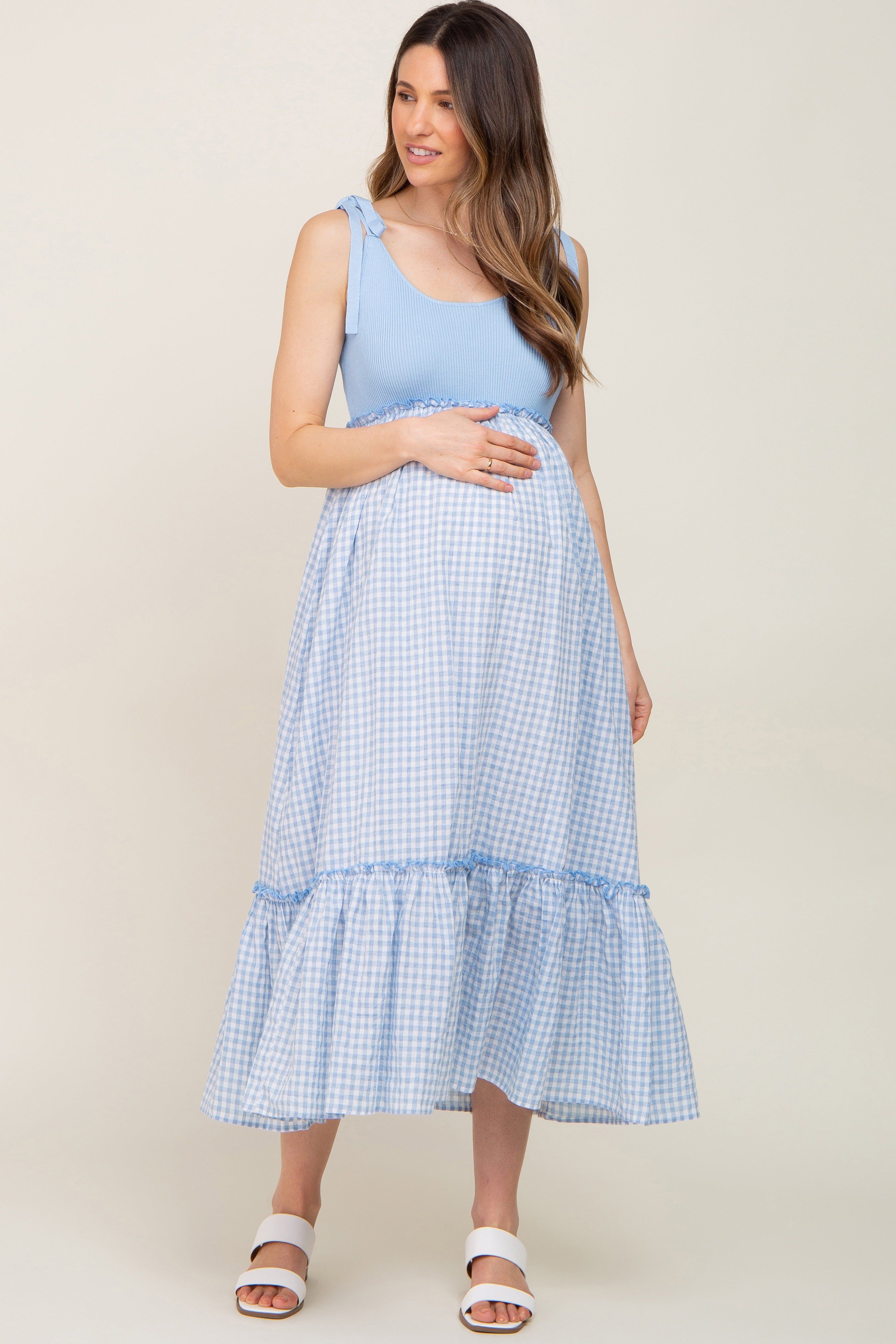 Light Blue Gingham Colorblock Maternity Dress sold by Pinkblush product image thumbnail 2