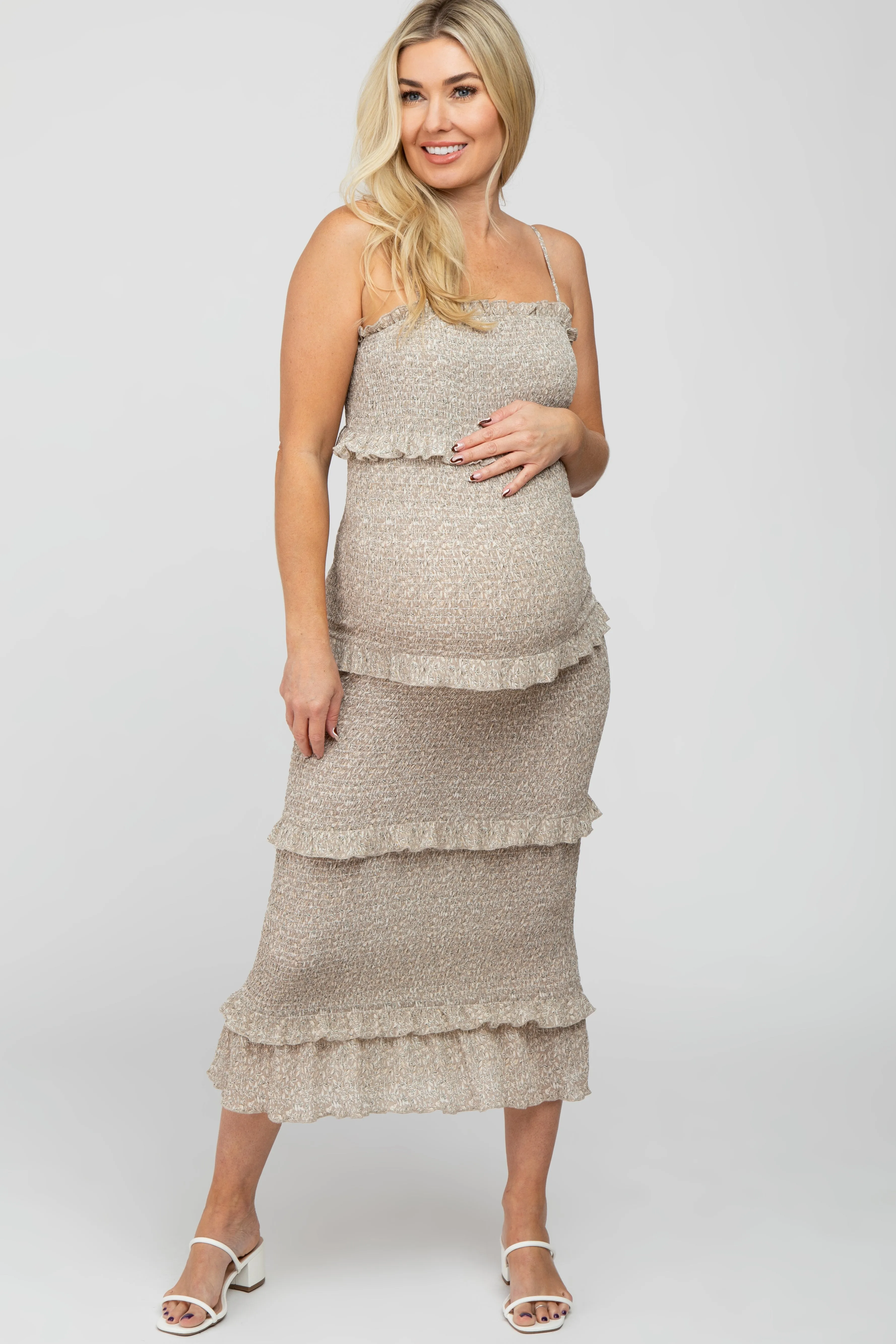 Taupe Leaf Print Smocked Fitted Maternity Midi Dress sold by Pinkblush product image thumbnail 2