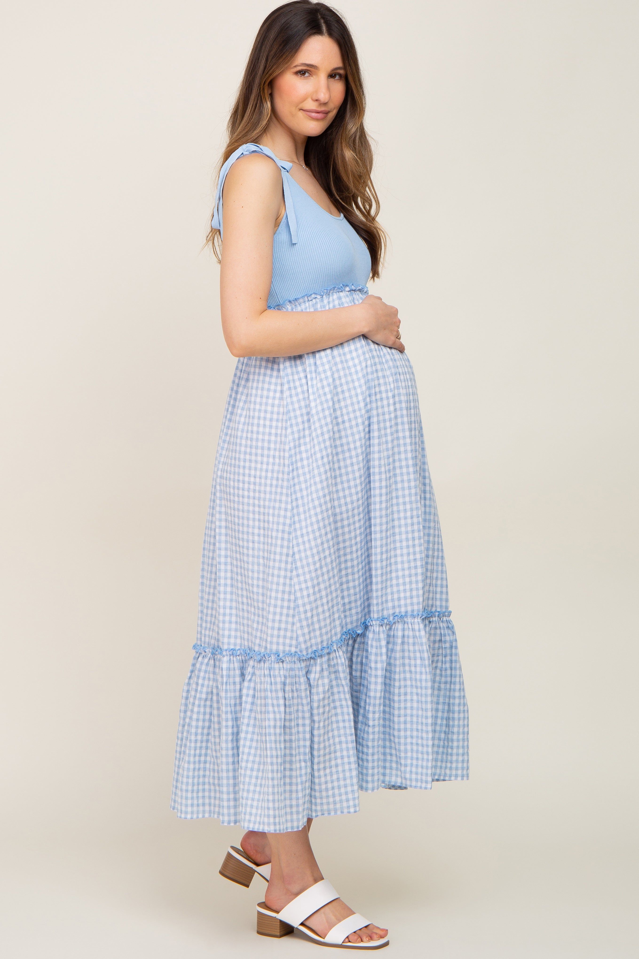 Light Blue Gingham Colorblock Maternity Dress sold by Pinkblush product image thumbnail 3