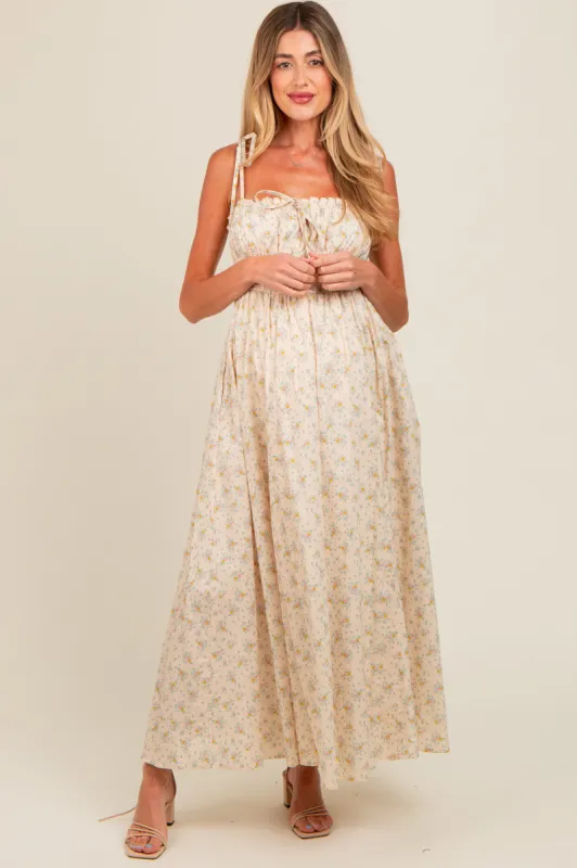 Cream Floral Ruched Bust Shoulder Tie Maternity Maxi Dress sold by Pinkblush