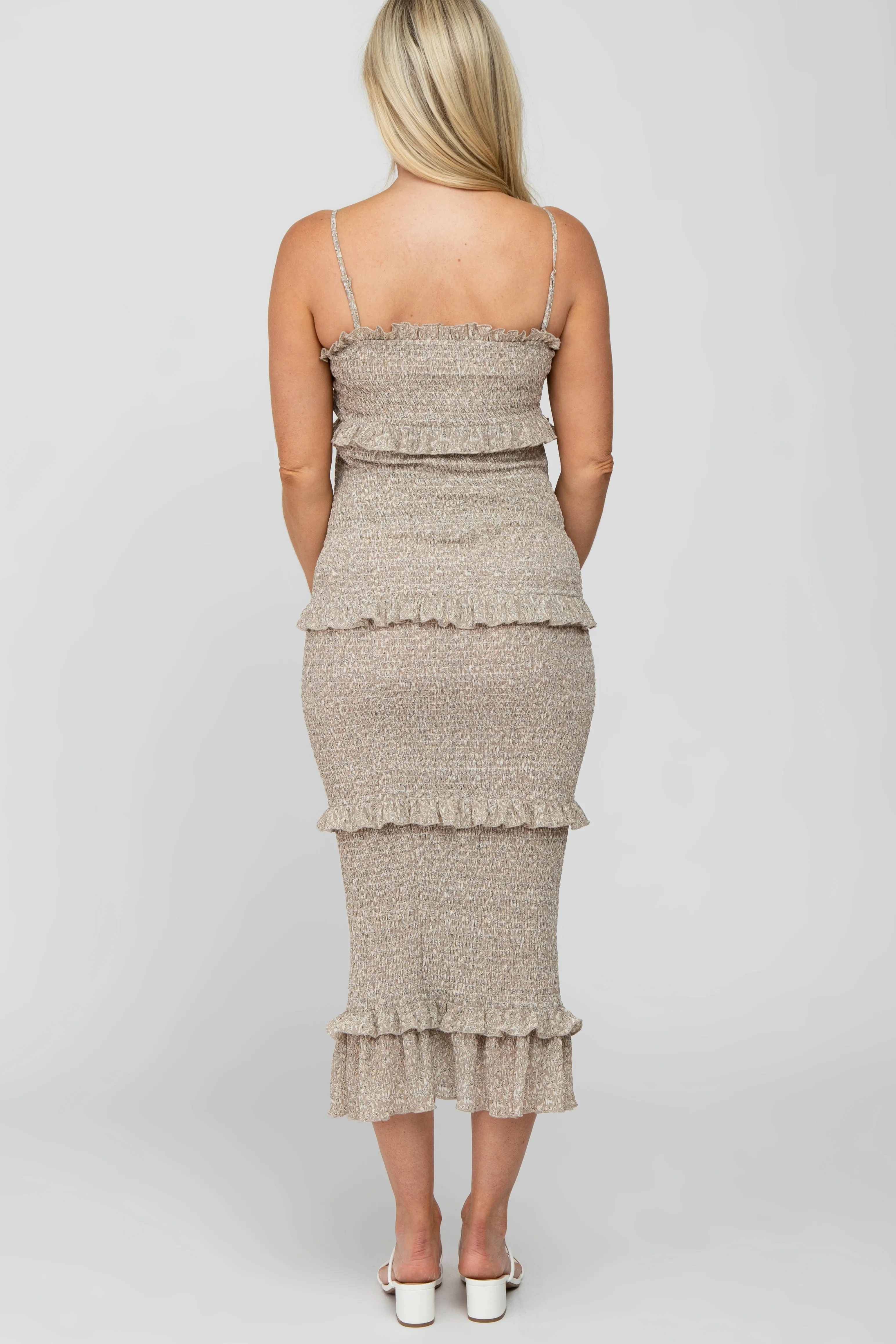 Taupe Leaf Print Smocked Fitted Maternity Midi Dress sold by Pinkblush product image thumbnail 4