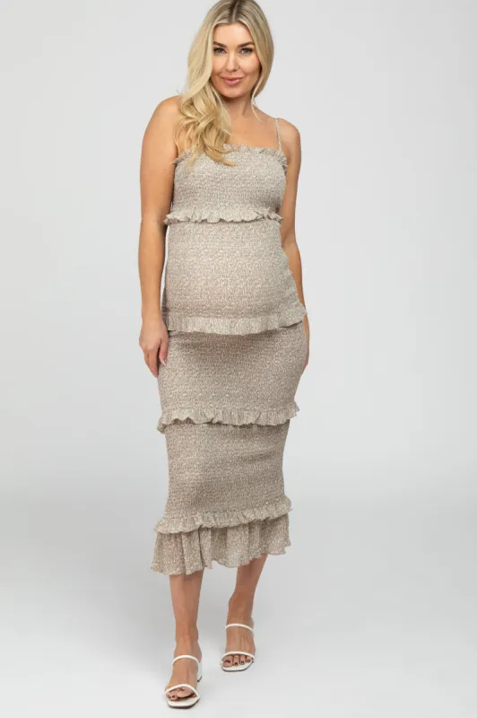 Taupe Leaf Print Smocked Fitted Maternity Midi Dress sold by Pinkblush