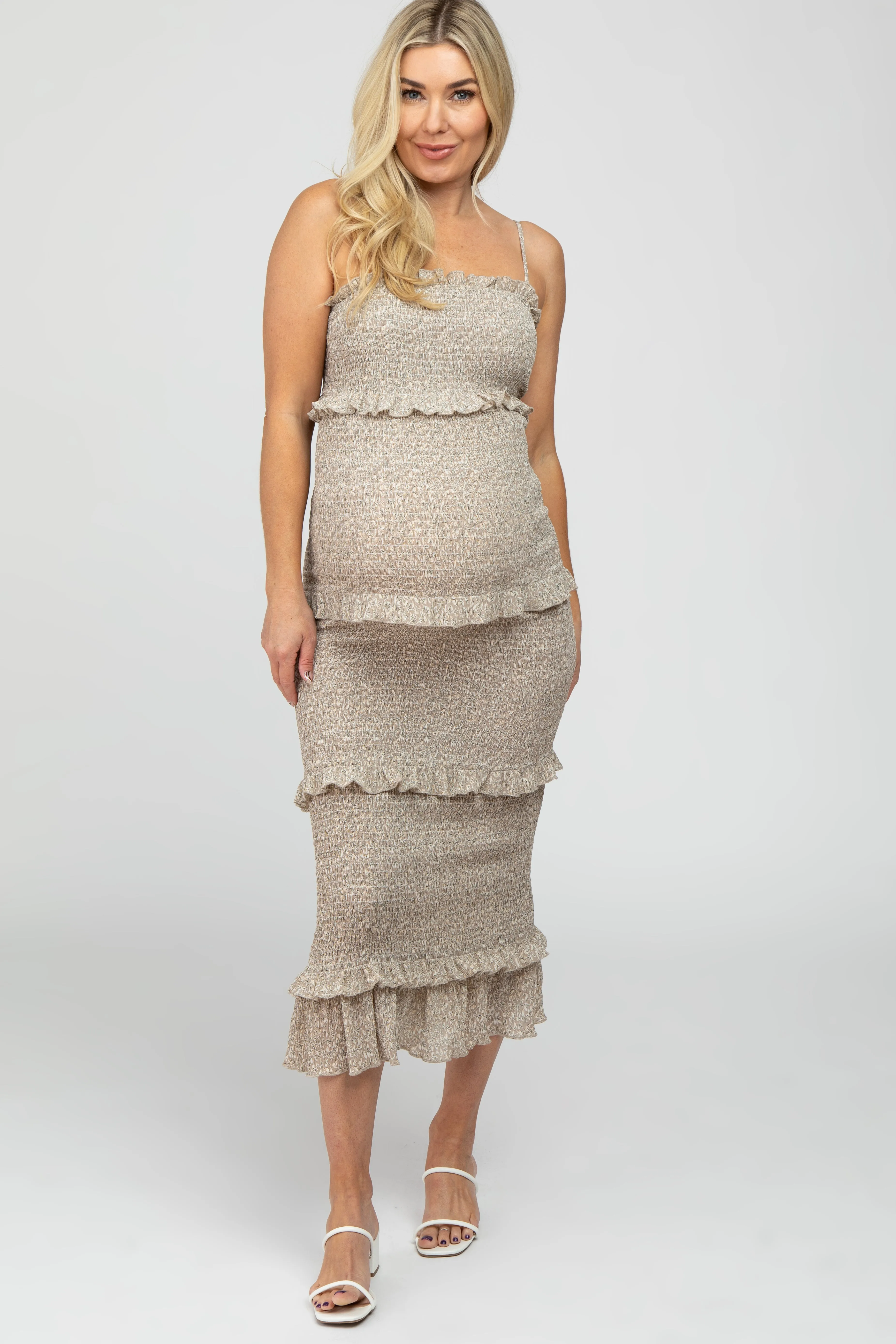 Taupe Leaf Print Smocked Fitted Maternity Midi Dress sold by Pinkblush