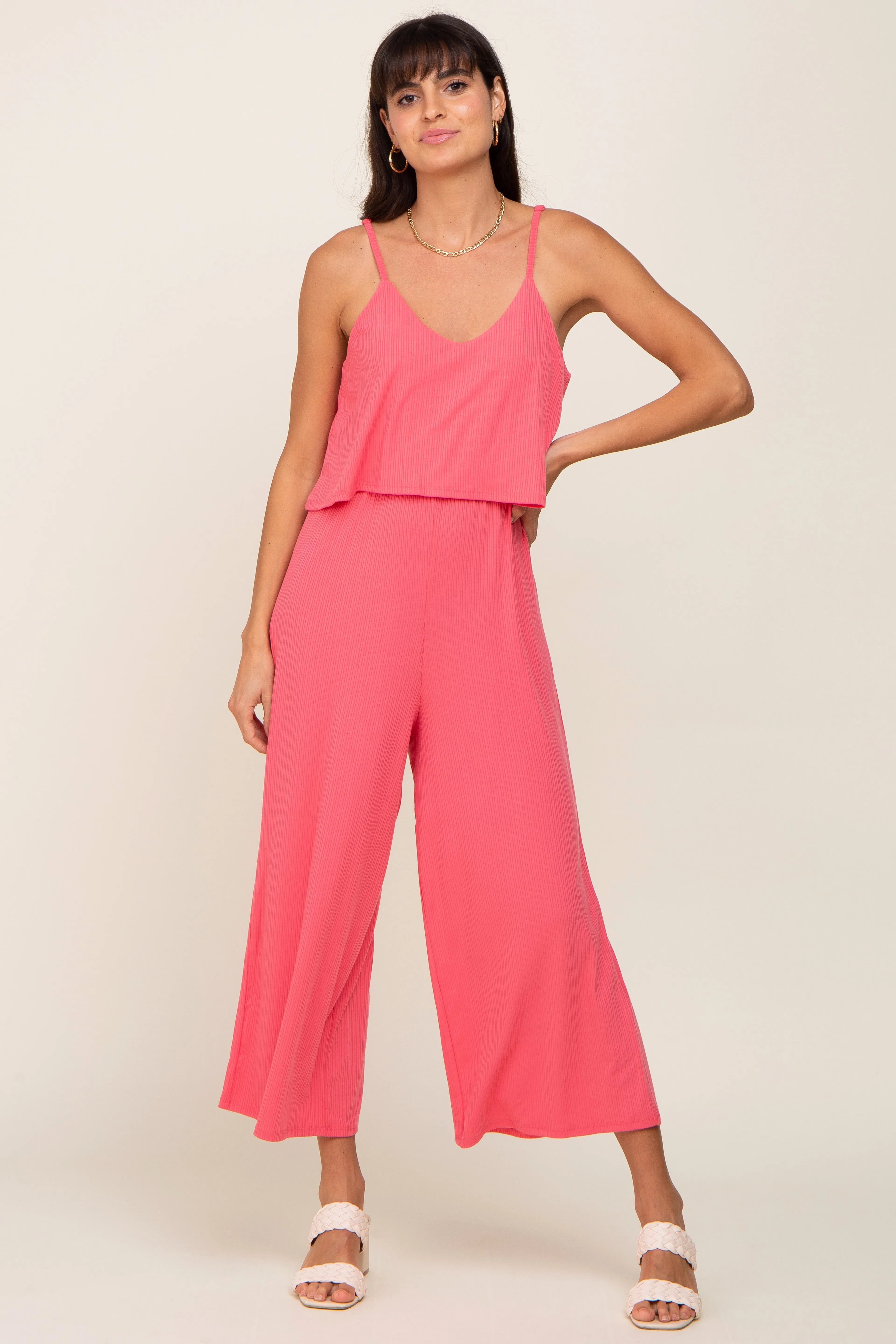 Pink Ribbed Double Layer Cropped Maternity Jumpsuit sold by Pinkblush product image thumbnail 4