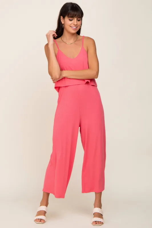 Pink Ribbed Double Layer Cropped Maternity Jumpsuit sold by Pinkblush