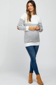 Heather Grey Striped Elbow Patch Knit Maternity Sweater sold by Pinkblush