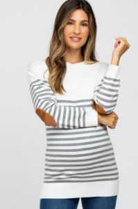 Heather Grey Striped Elbow Patch Knit Maternity Sweater sold by Pinkblush