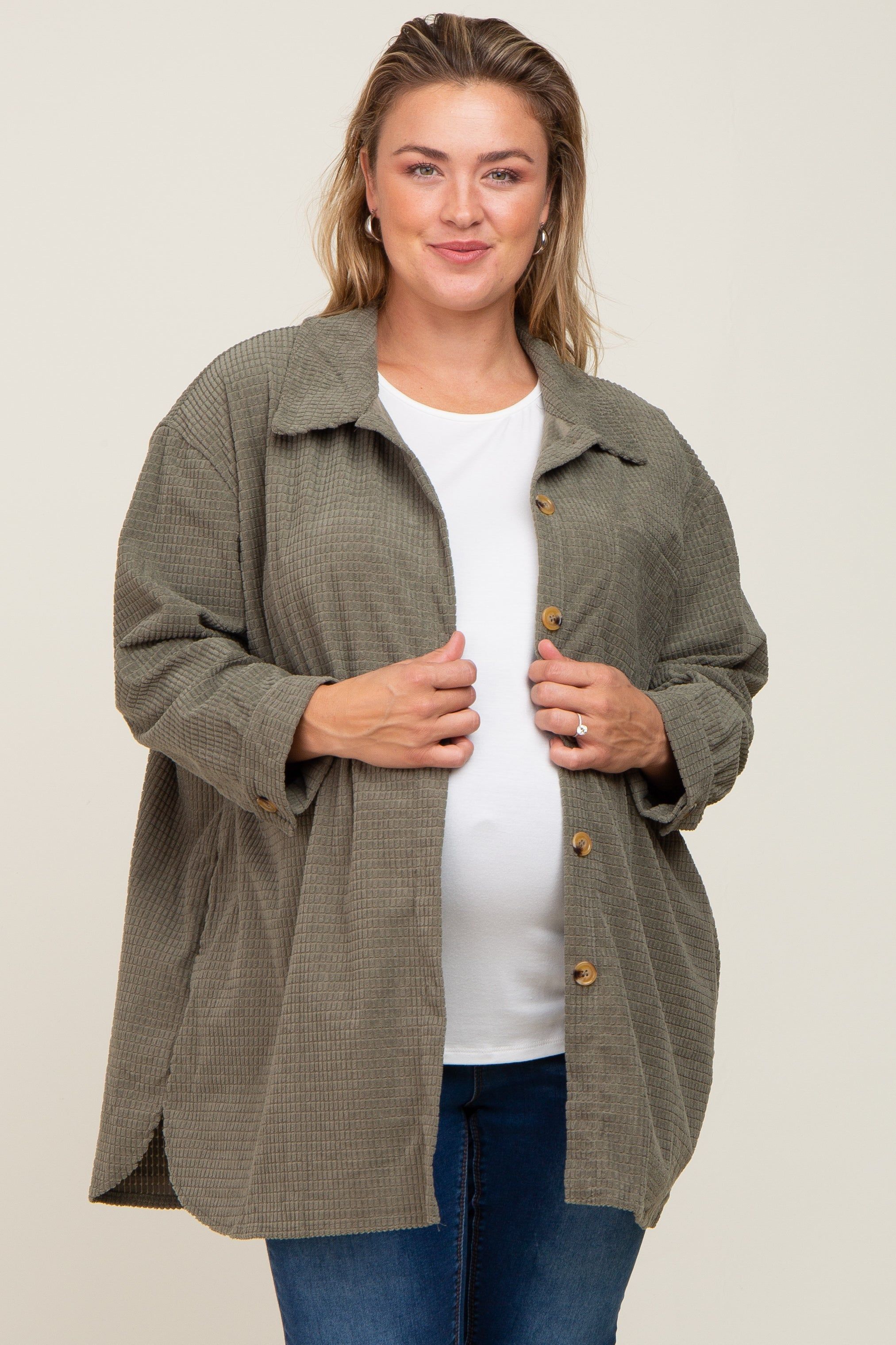Olive Textured Button Down Maternity Plus Shacket sold by Pinkblush product image thumbnail 2