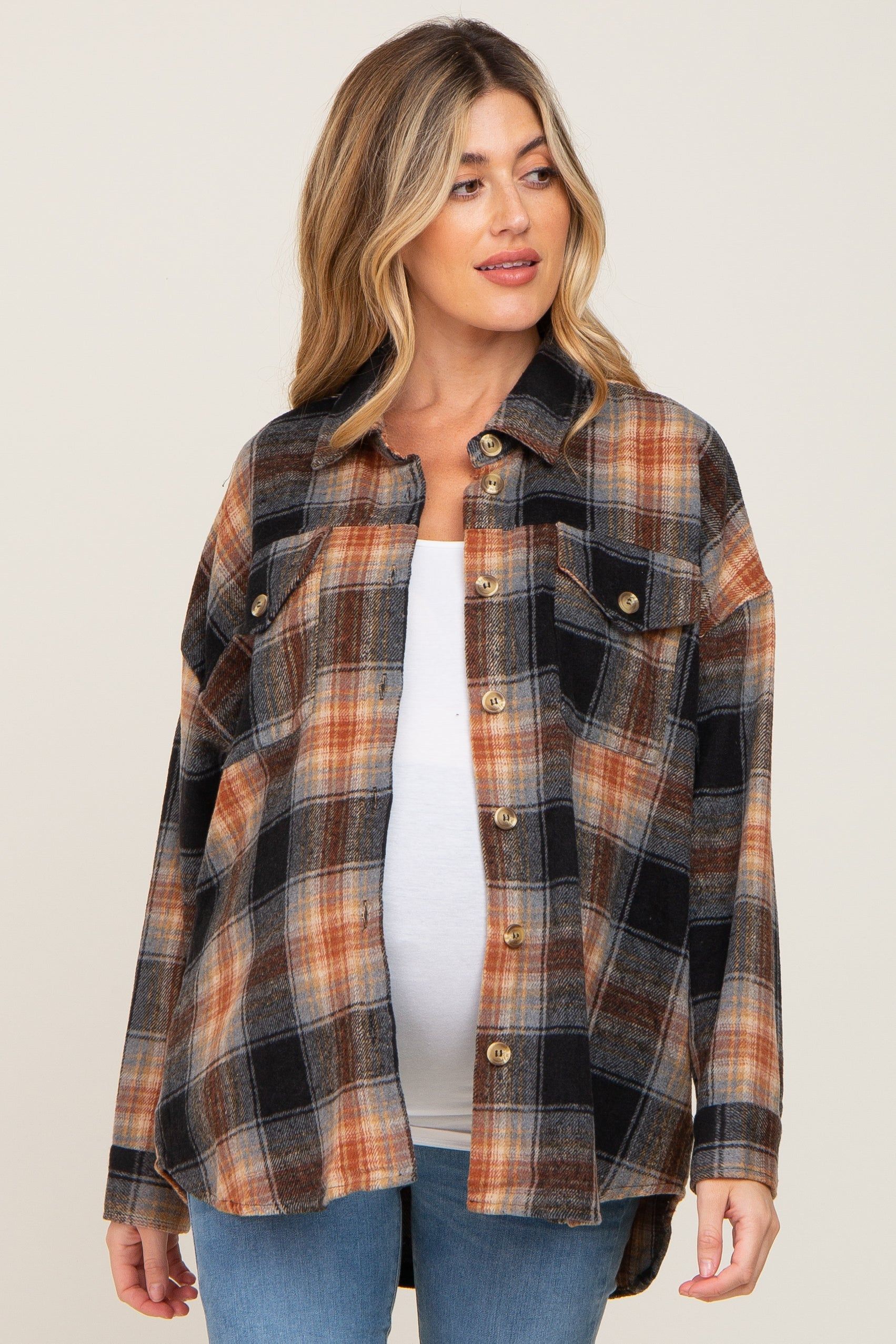 Black Plaid Maternity Shirt Jacket sold by Pinkblush