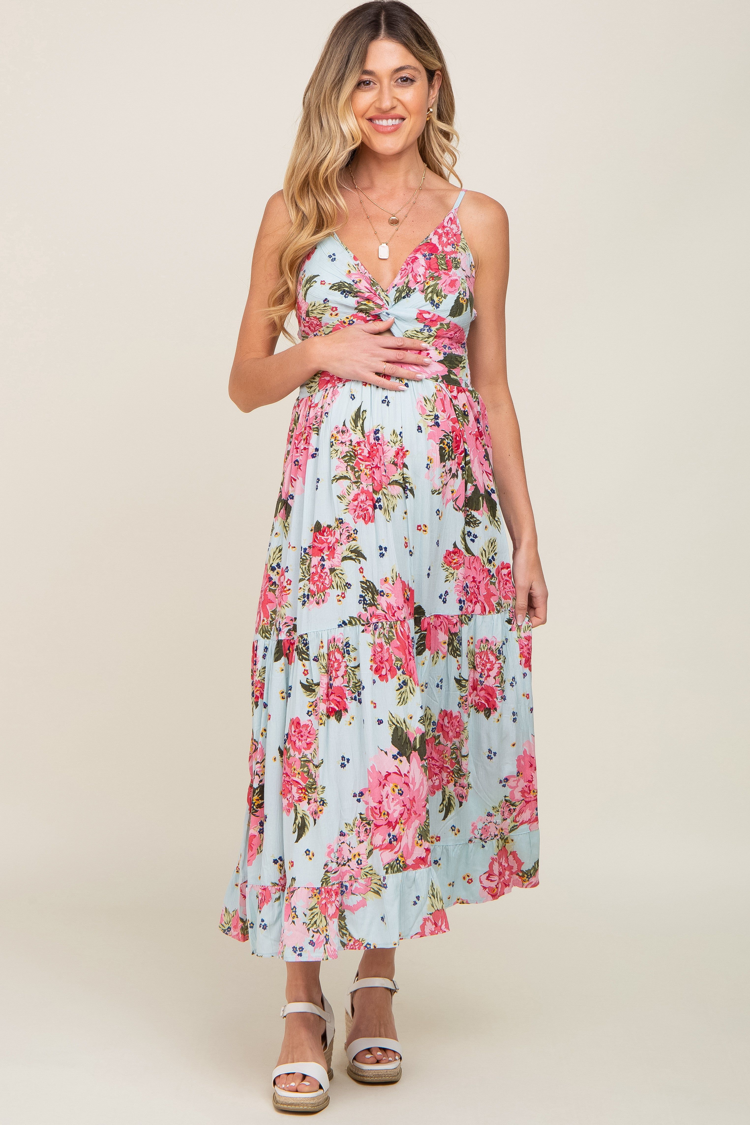 Light Blue Floral Front Twist Maternity Maxi Dress sold by Pinkblush