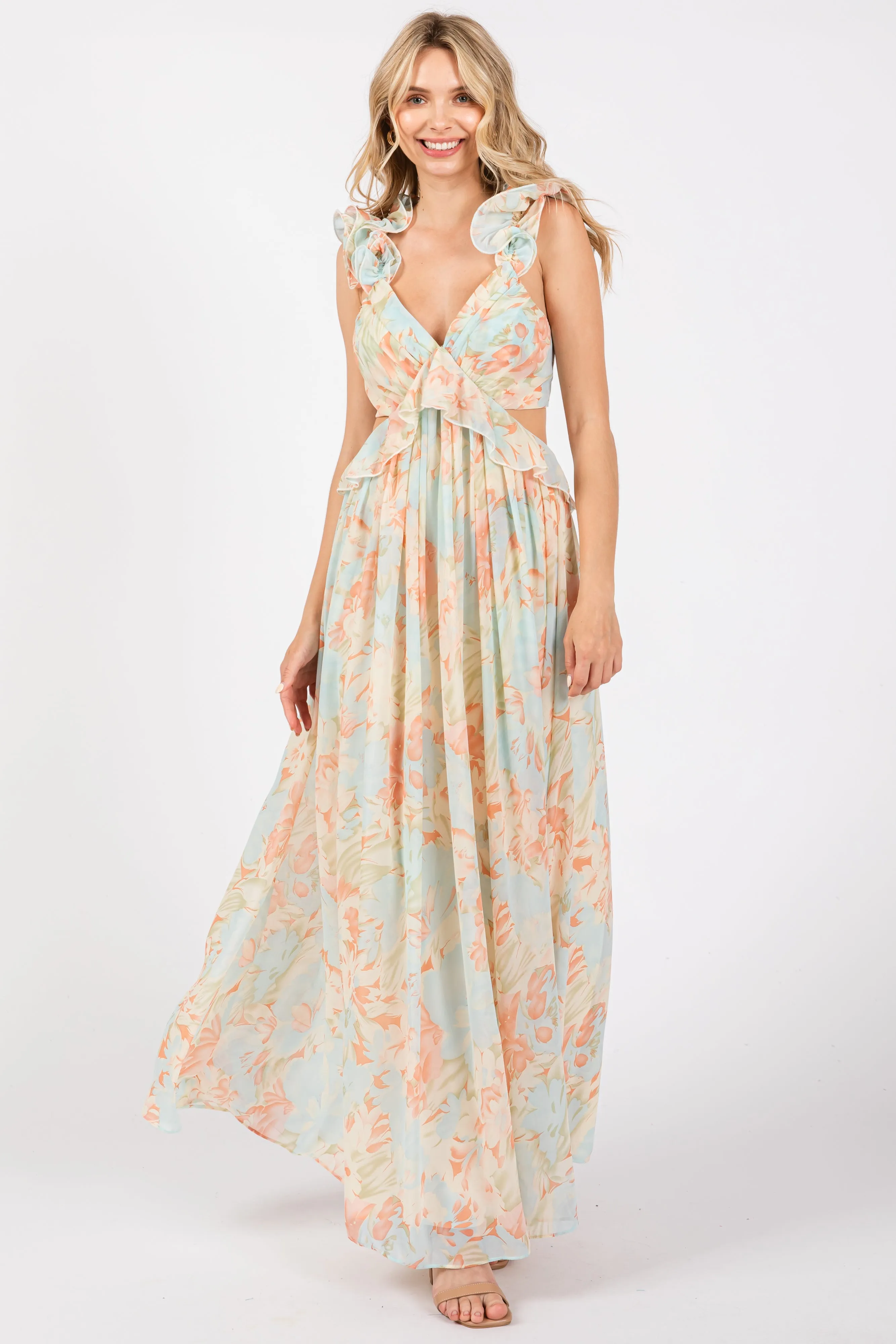 Mint Green Floral Ruffle Accent Cutout Maternity Gown sold by Pinkblush product image thumbnail 4