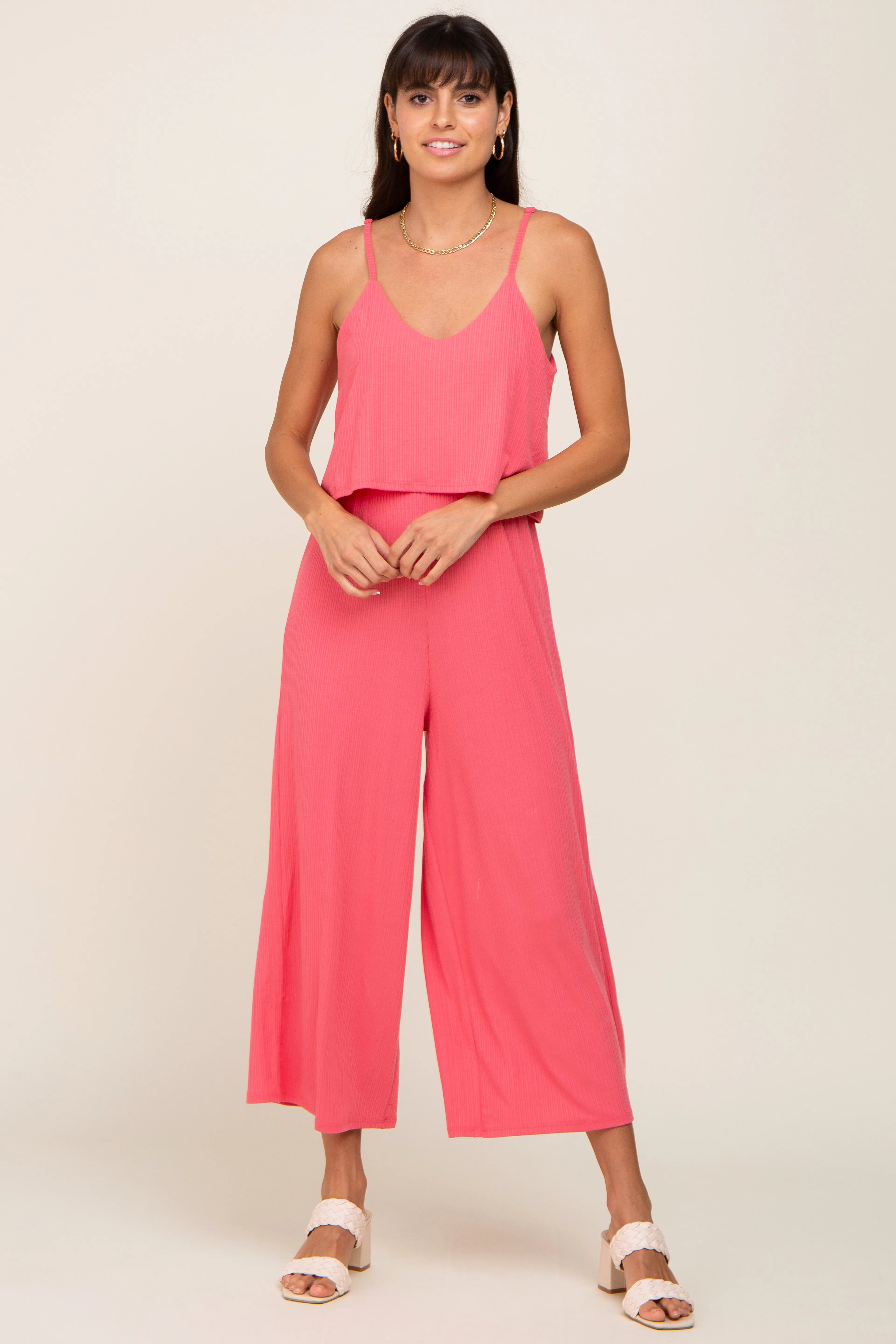 Pink Ribbed Double Layer Cropped Maternity Jumpsuit sold by Pinkblush product image thumbnail 5