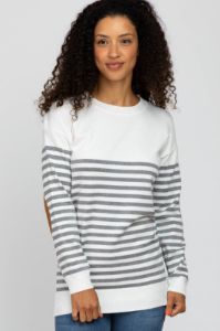 Heather Grey Striped Elbow Patch Knit Maternity Sweater sold by Pinkblush