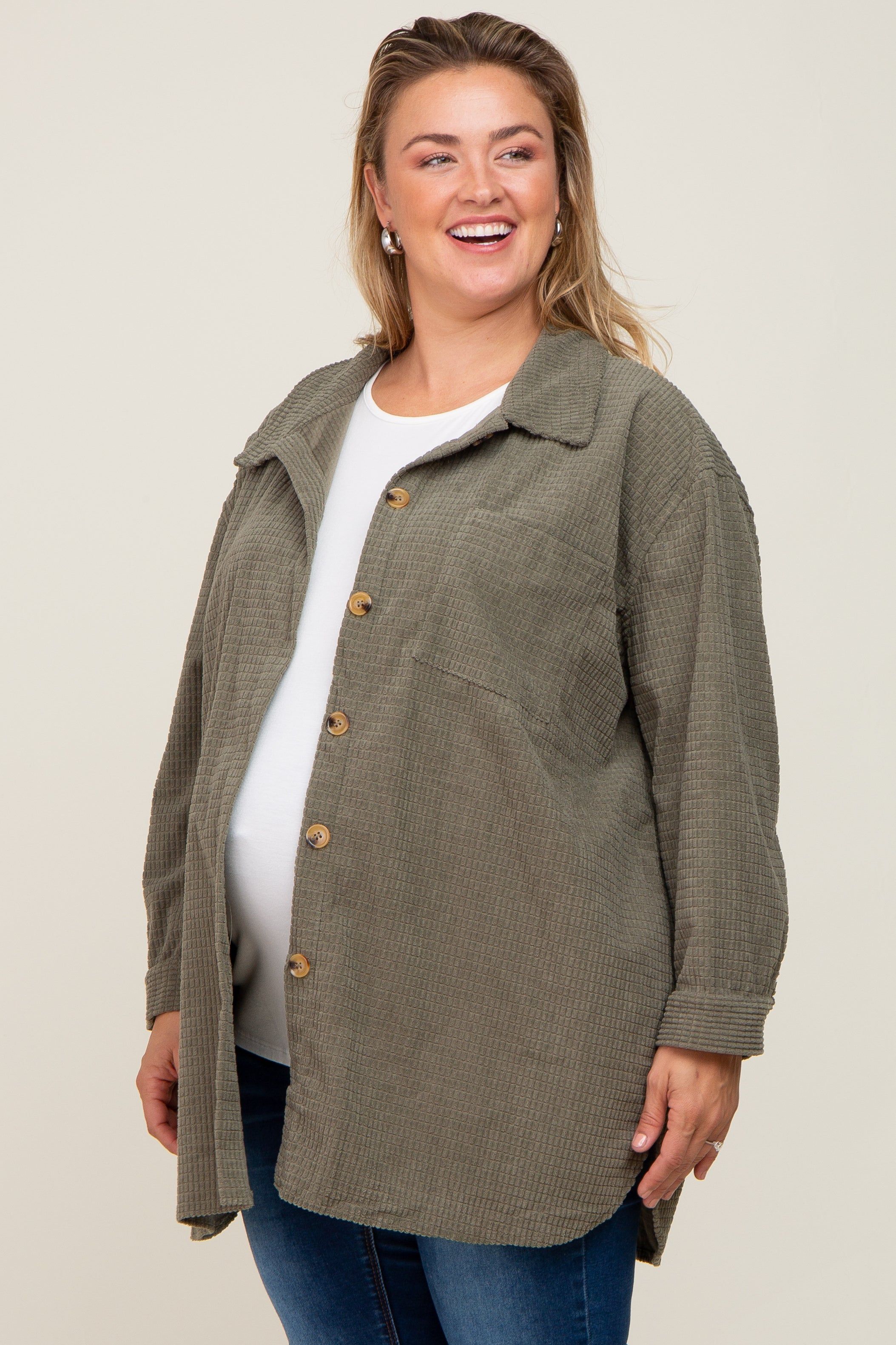 Olive Textured Button Down Maternity Plus Shacket sold by Pinkblush product image thumbnail 3