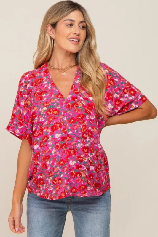 Fuchsia Floral V-Neck Short Dolman Sleeve Maternity Top sold by Pinkblush