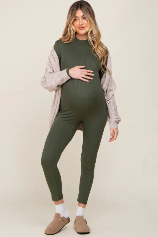 Olive Ribbed Maternity Jumpsuit sold by Pinkblush