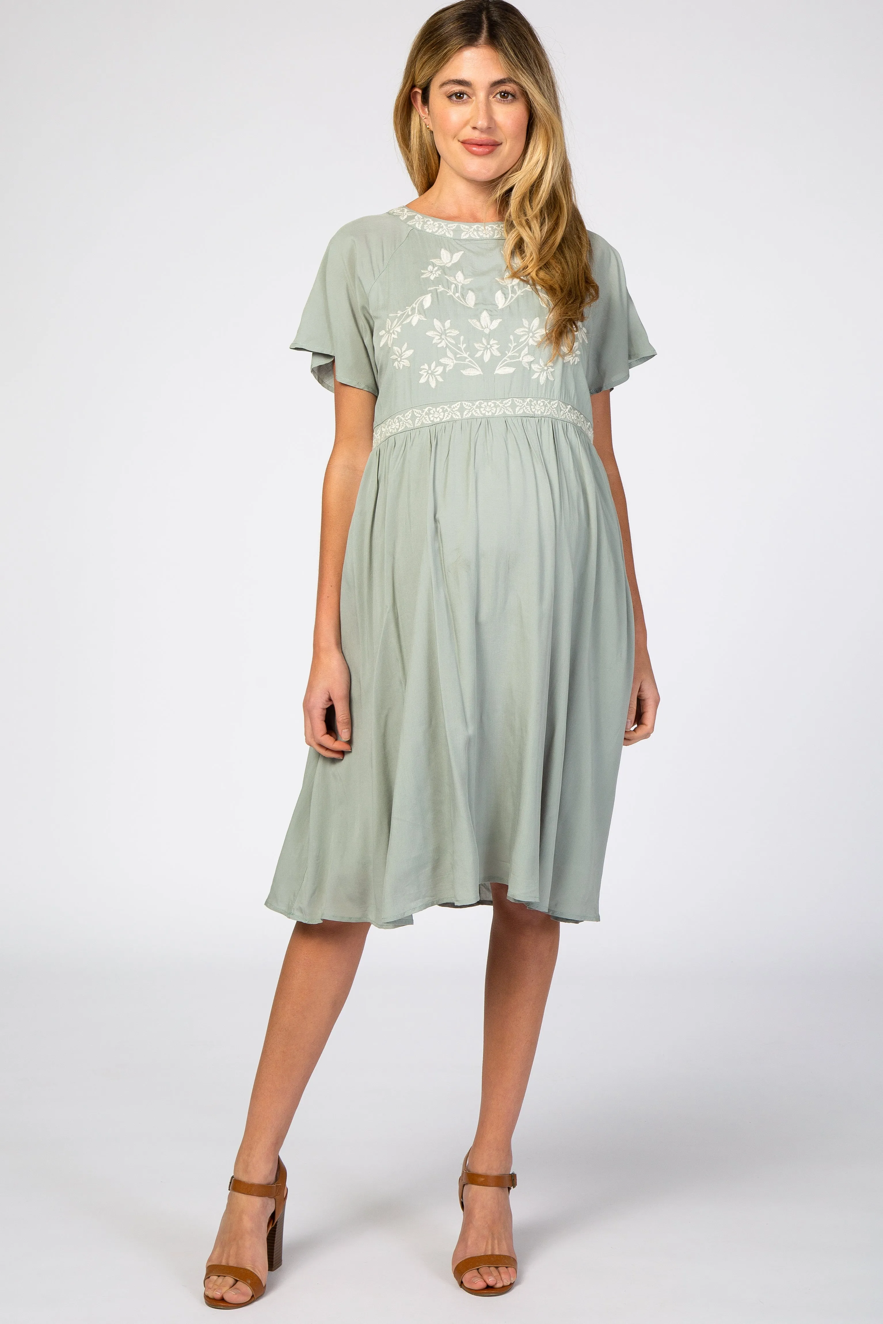 Light Olive Floral Embroidered Maternity Dress sold by Pinkblush