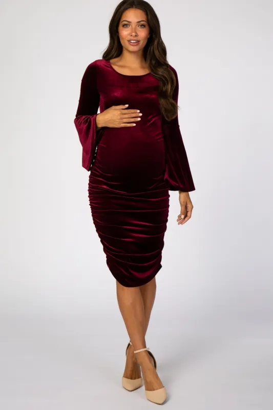 Burgundy Velvet Ruched Bell Sleeve Maternity Dress sold by Pinkblush