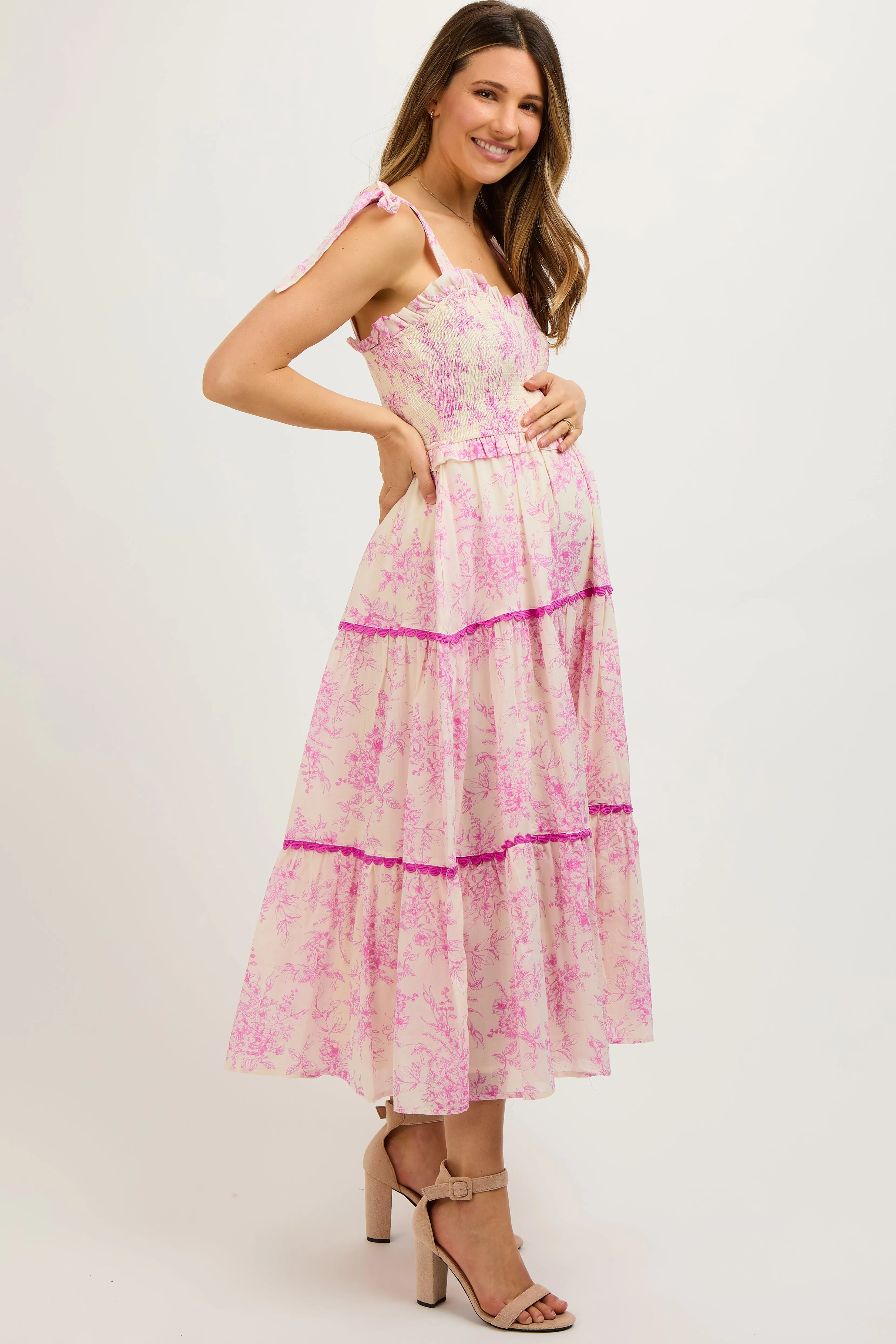 Pink Floral Sleeveless Ruffle Tiered Maternity Midi Dress sold by Pinkblush product image thumbnail 2