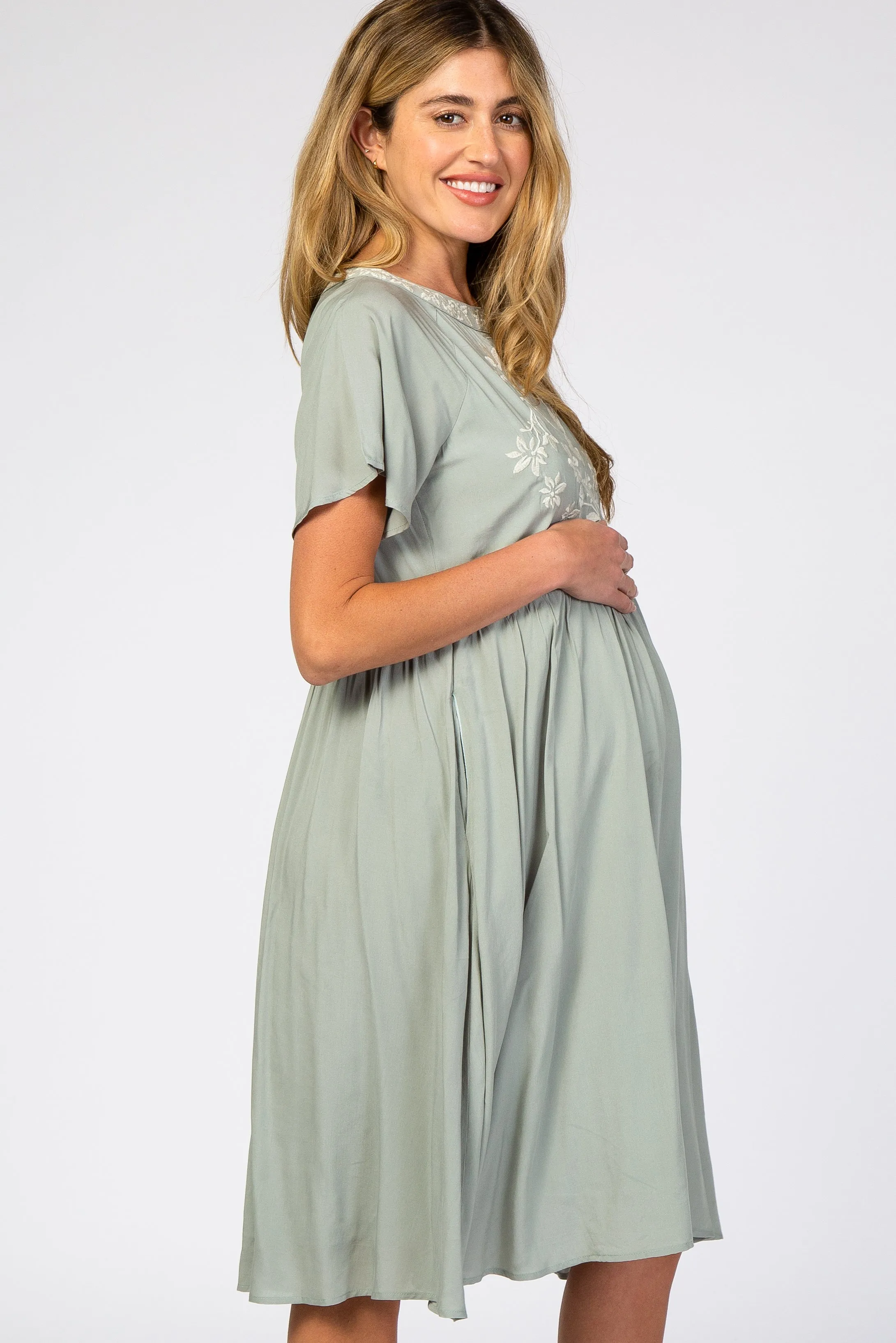 Light Olive Floral Embroidered Maternity Dress sold by Pinkblush product image thumbnail 2