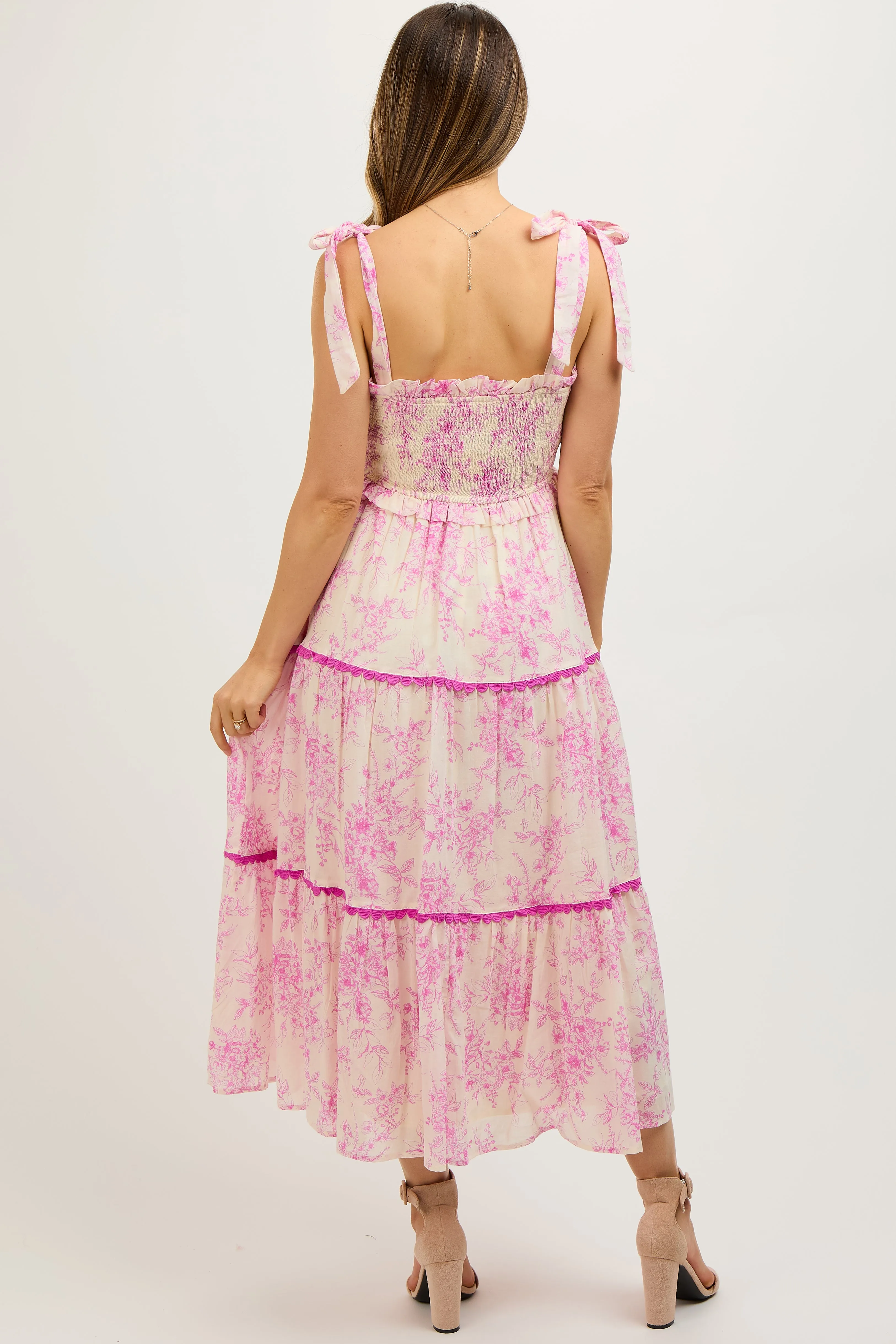 Pink Floral Sleeveless Ruffle Tiered Maternity Midi Dress sold by Pinkblush product image thumbnail 3
