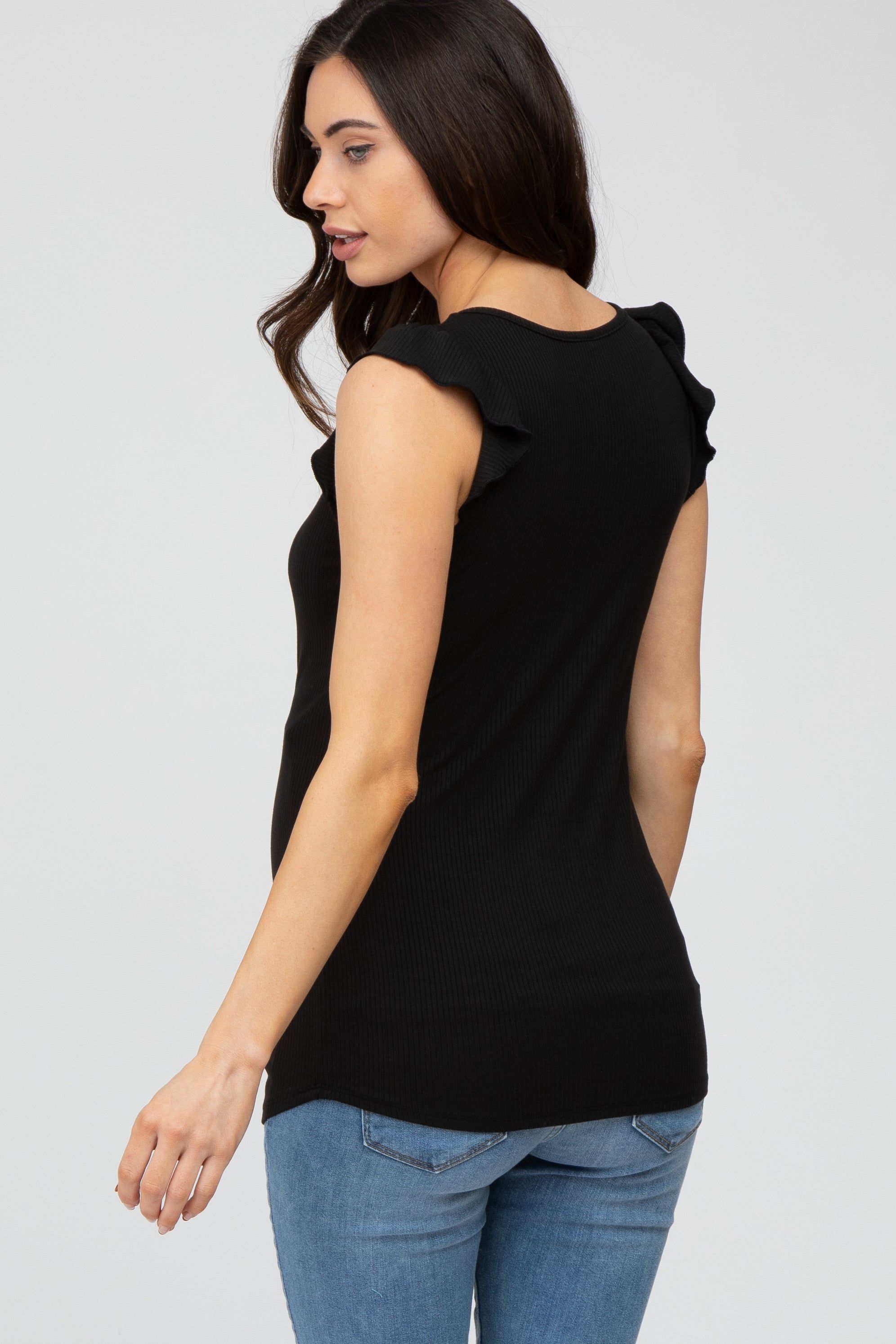 Black Ribbed Ruffle Shoulder Maternity Tank Top sold by Pinkblush product image thumbnail 4